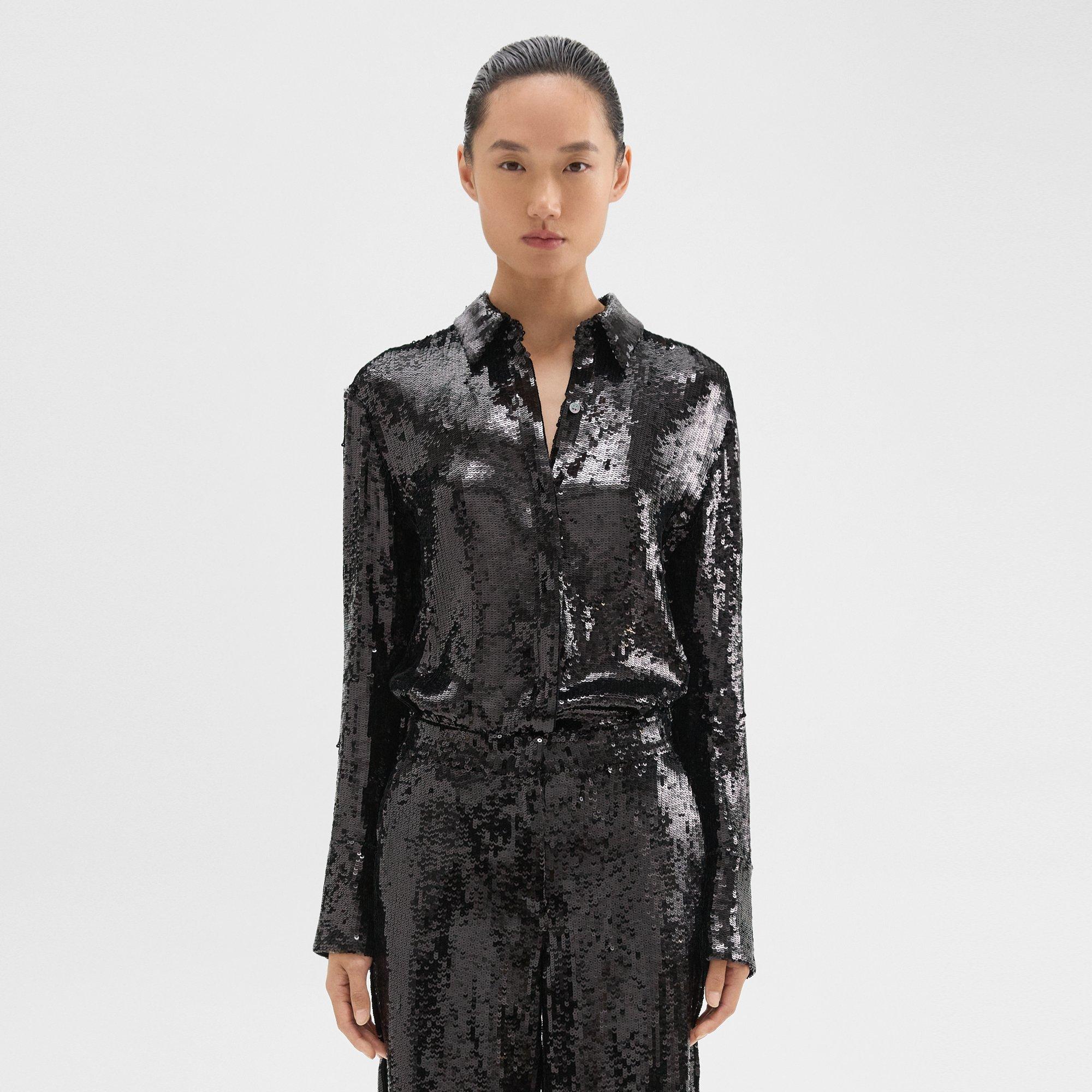 Theory Slim Shirt In Recycled Sequins In Black