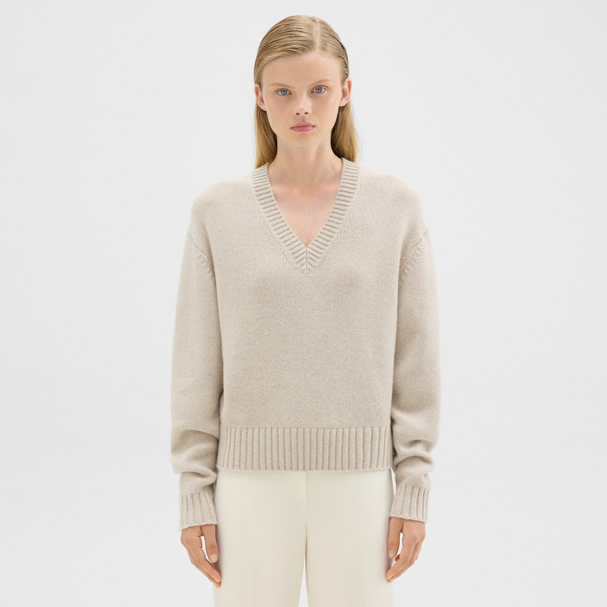 Theory V-neck Sweater In Recycled Wool-cashmere In Stone