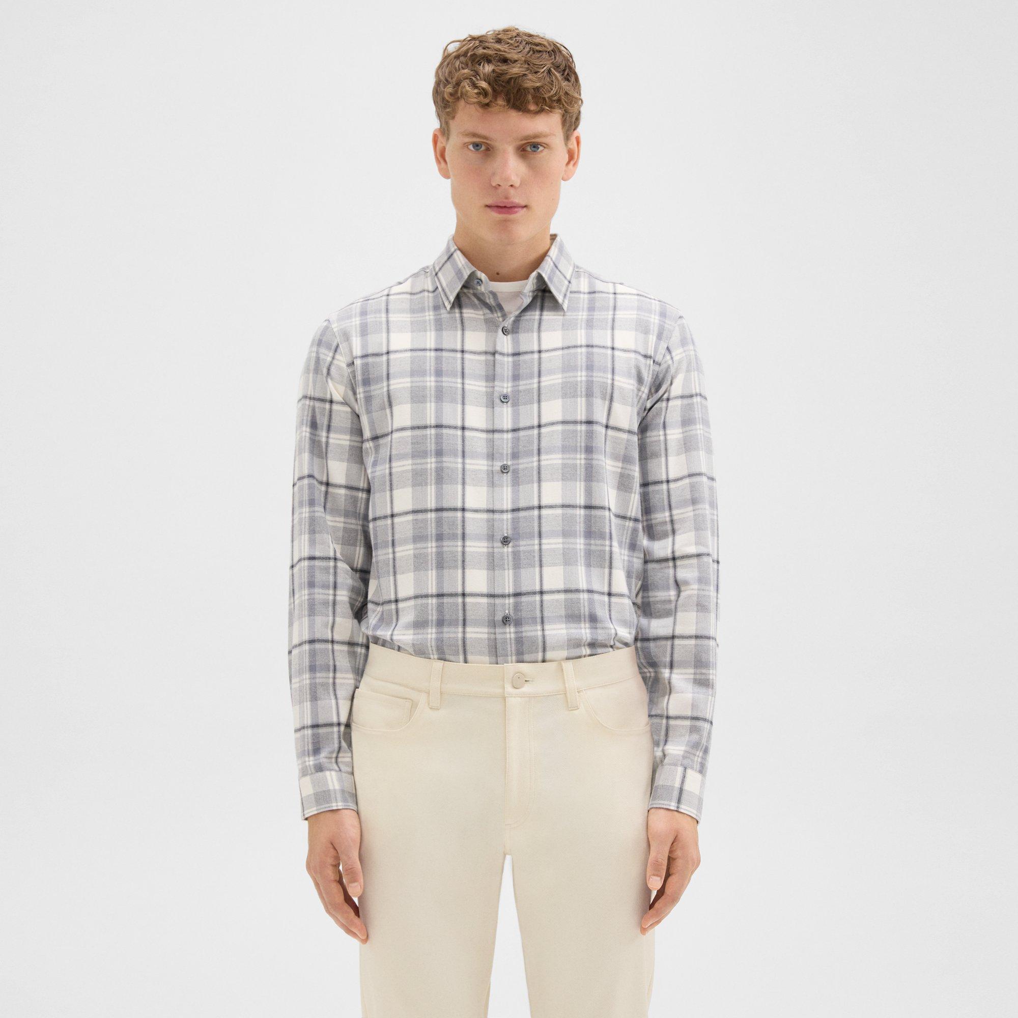 Theory Irving Shirt In Plaid Twill Flannel In Ivory Multi
