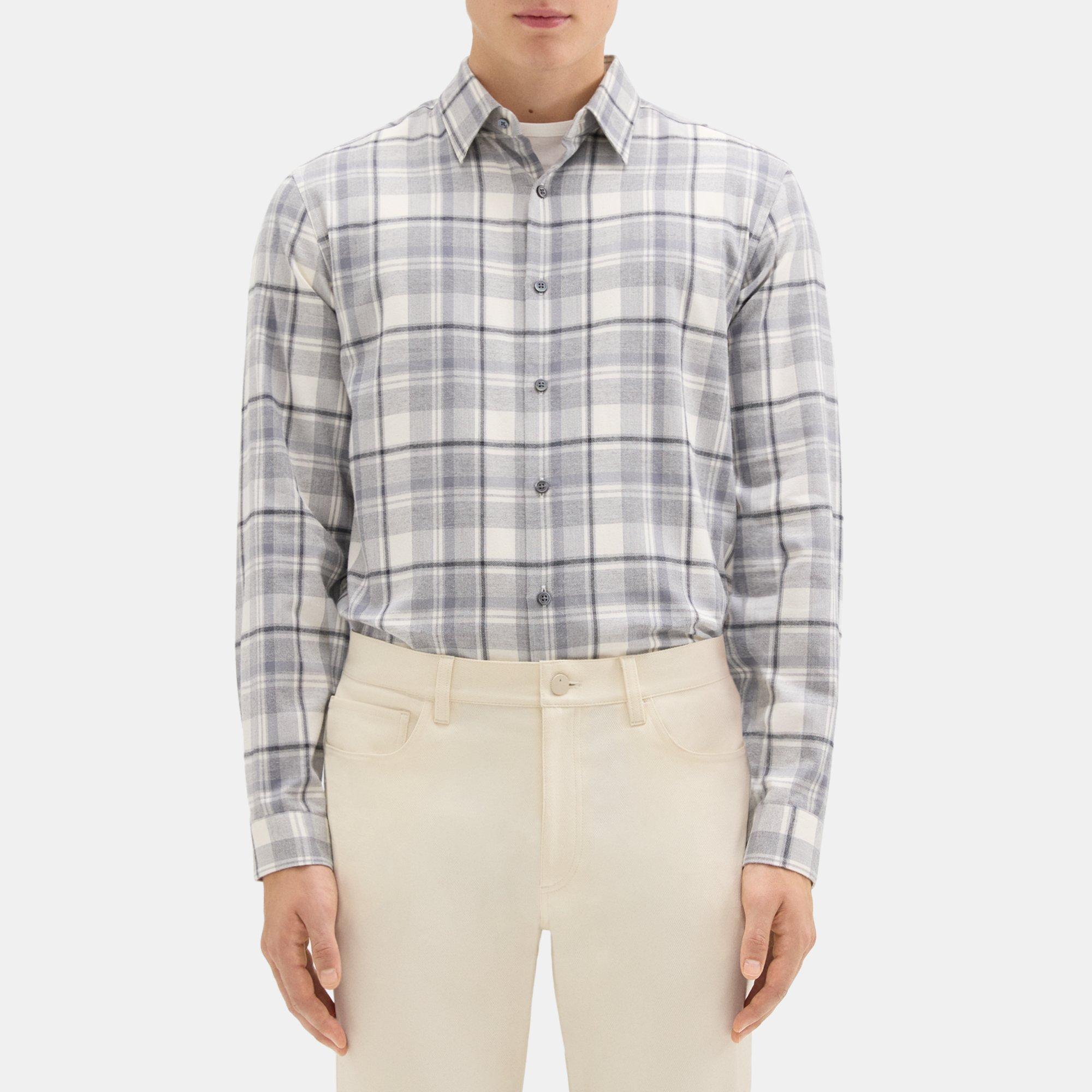Theory Irving Shirt In Plaid Twill Flannel In Ivory Multi