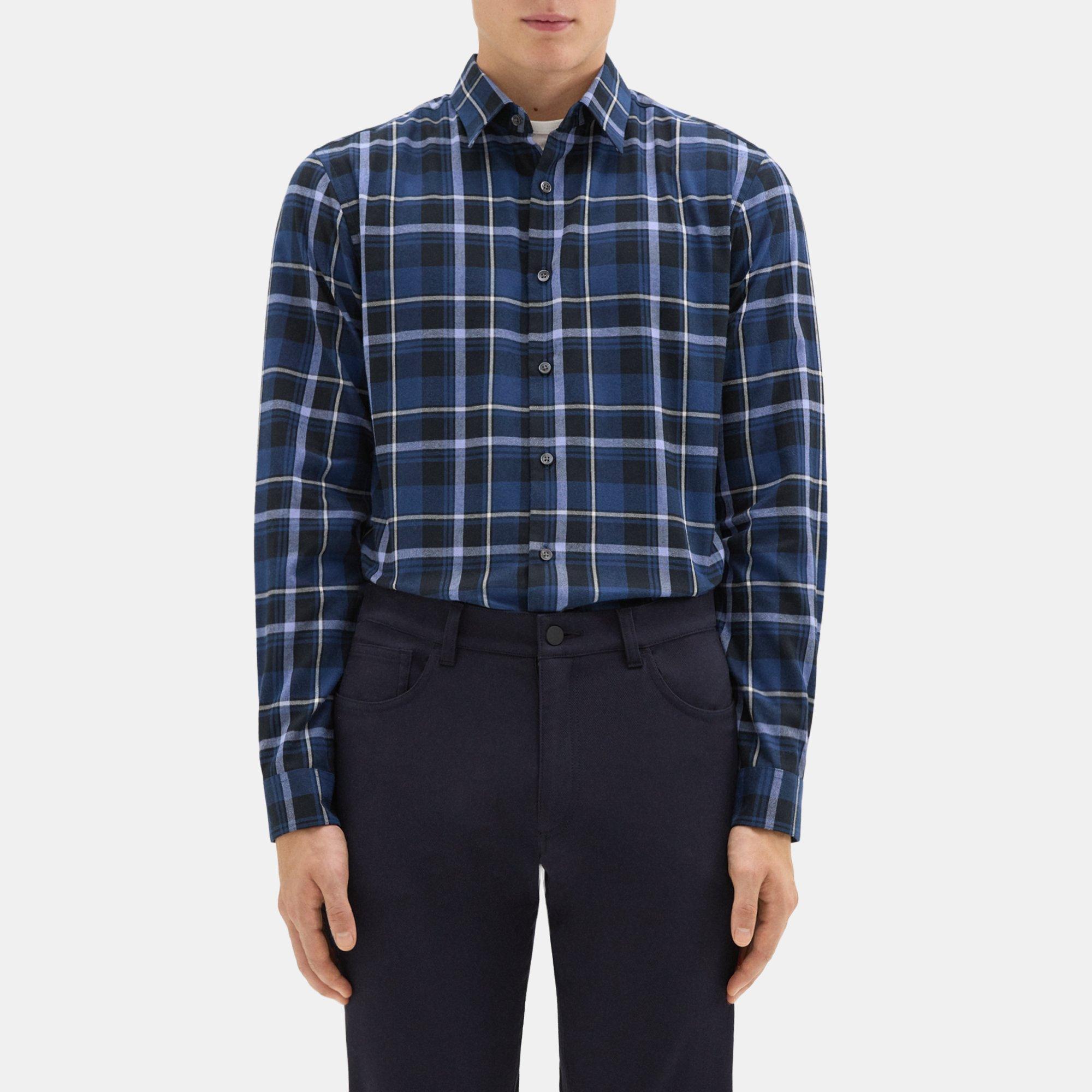 Theory Irving Shirt In Plaid Twill Flannel In Blueberry Multi