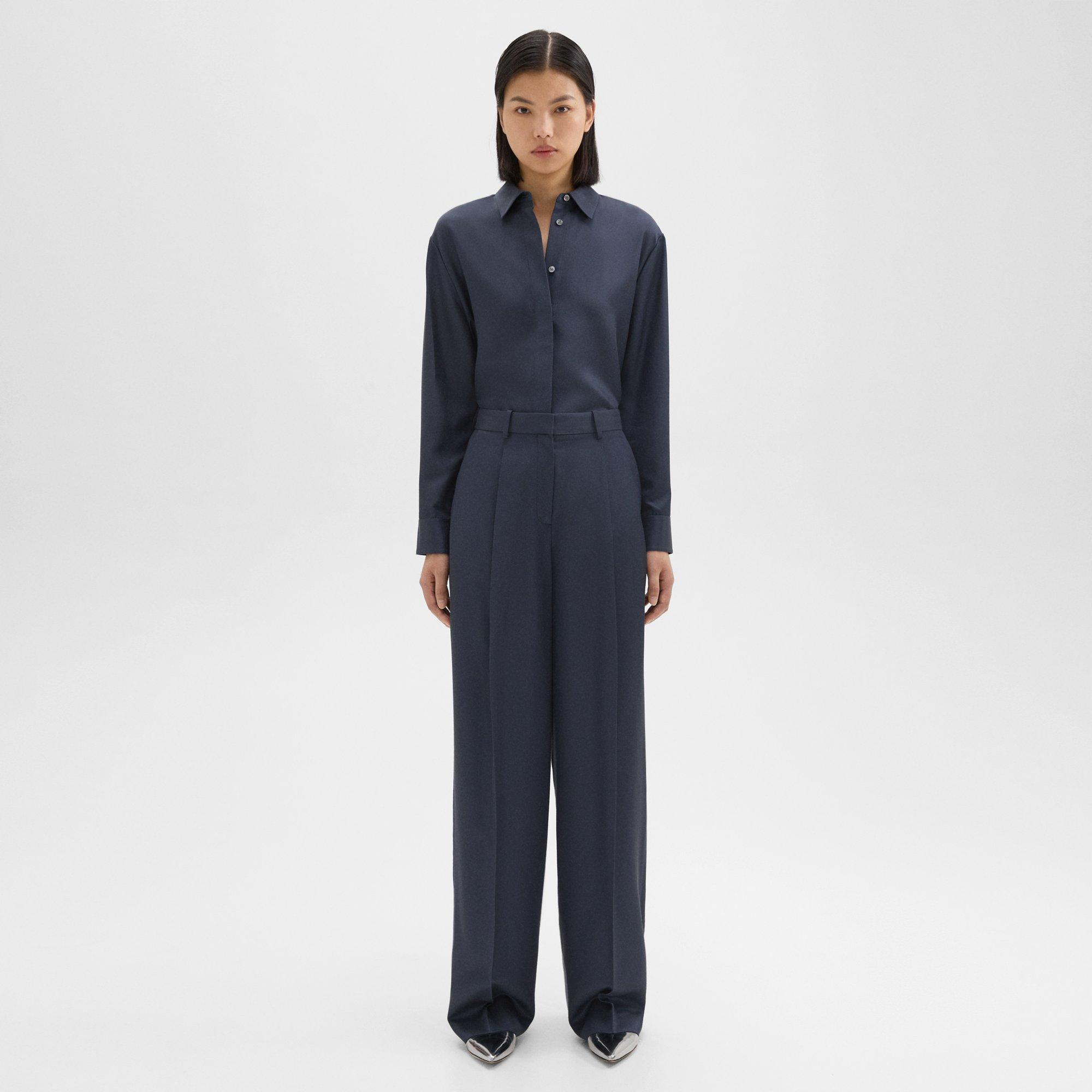 Theory Single-pleat Pant In Viscose Twill In Nocturne Navy