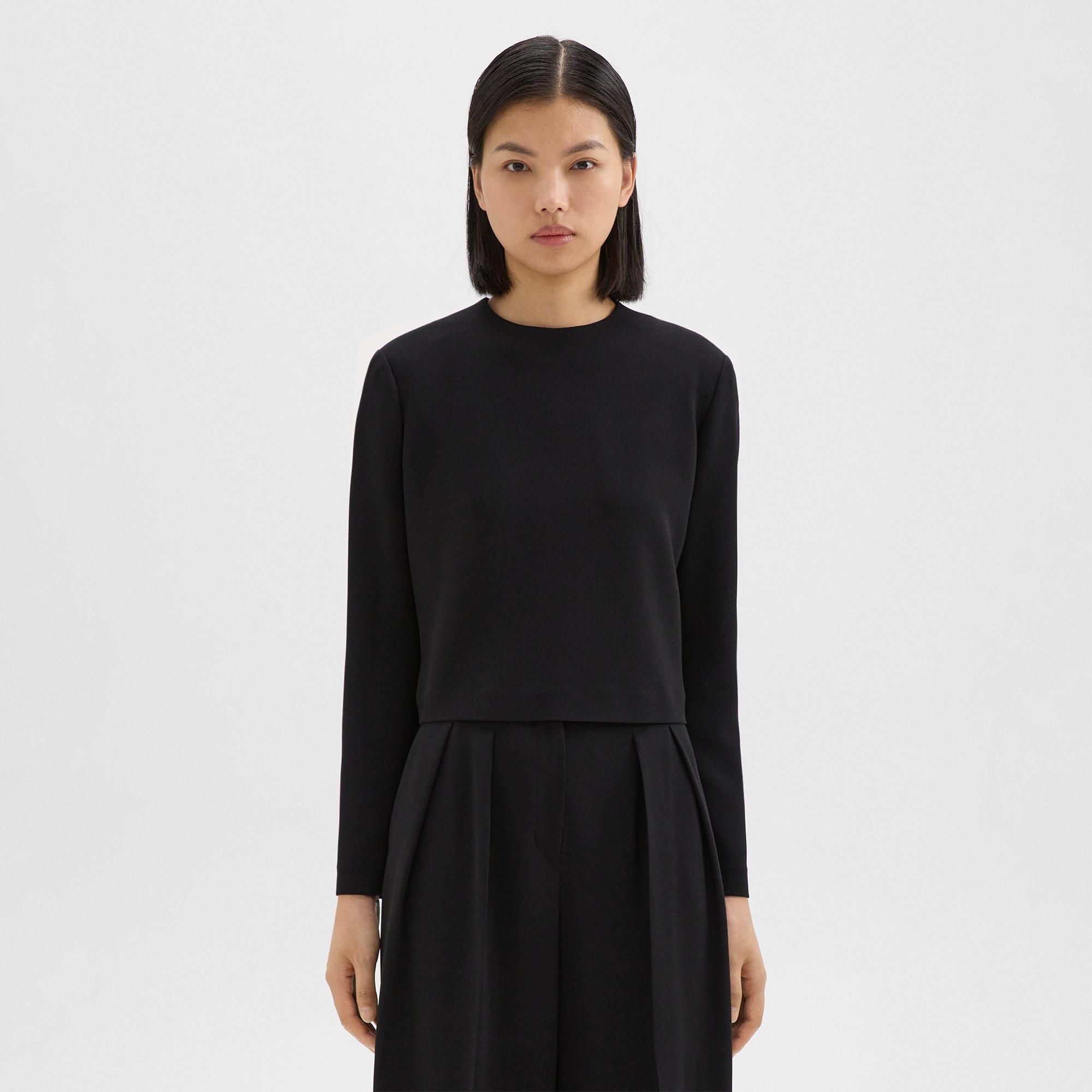 Theory Long Sleeve Crop Top In Admiral Crepe In Black