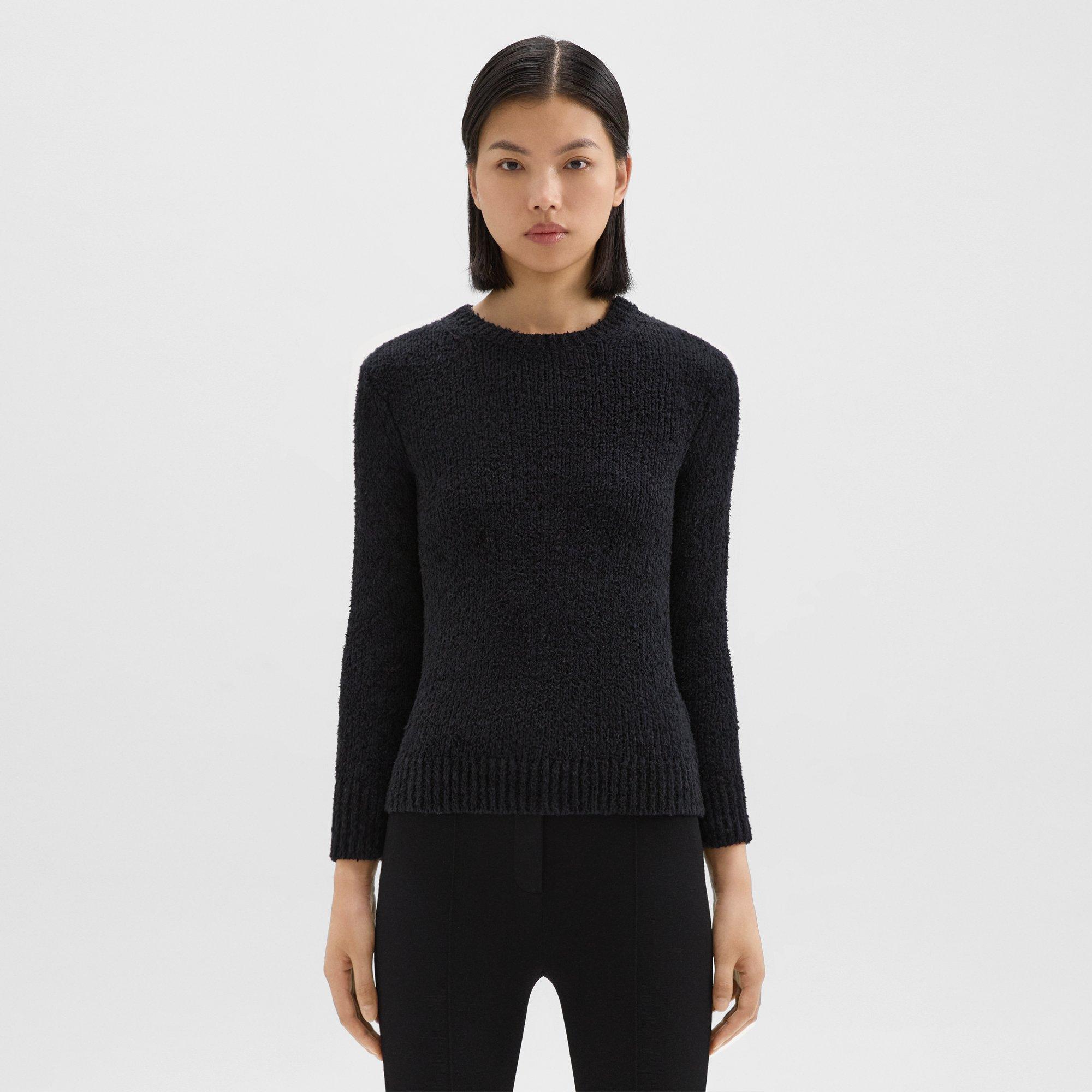 Theory Shrunken Crewneck Sweater In Feather Cotton-blend In Black
