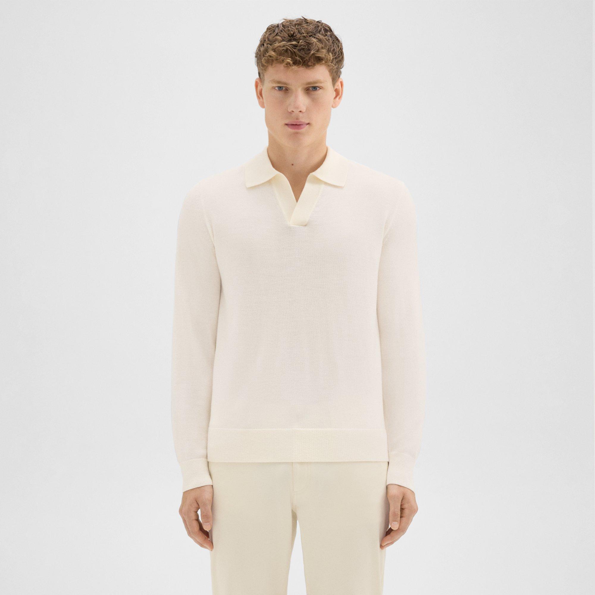 Theory Briody Long-sleeve Polo In Merino Wool In Ivory