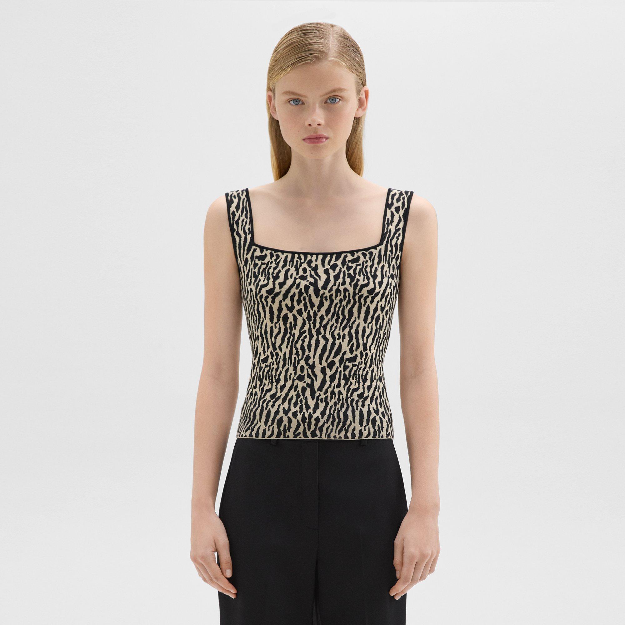 Theory Leopard Jacquard Sweater Shell In Cotton Blend In Dark Ecru/black