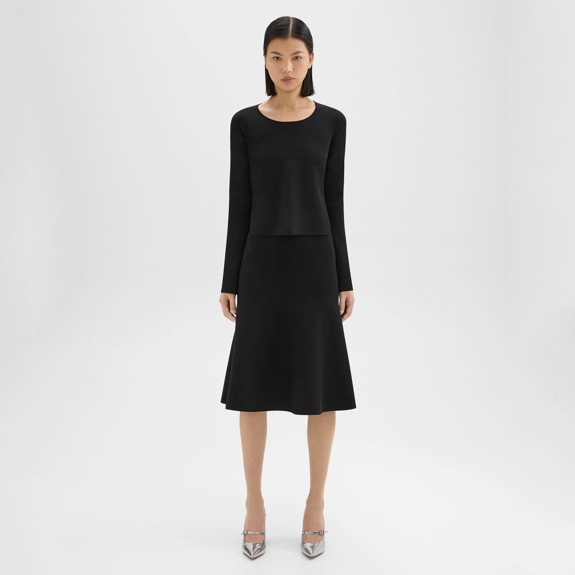 Theory Layered Trumpet Dress In Crepe Knit In Black