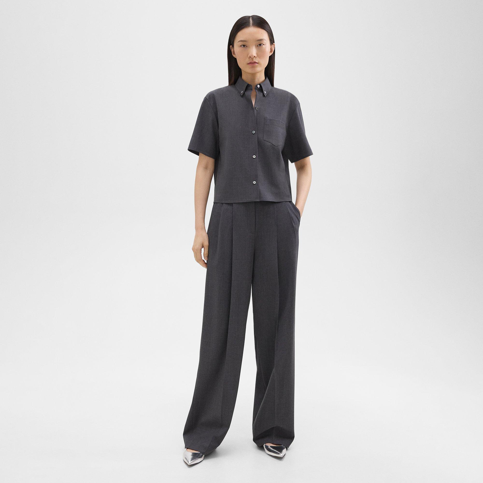 Theory Double Pleat Pant In Good Wool In Charcoal Melange