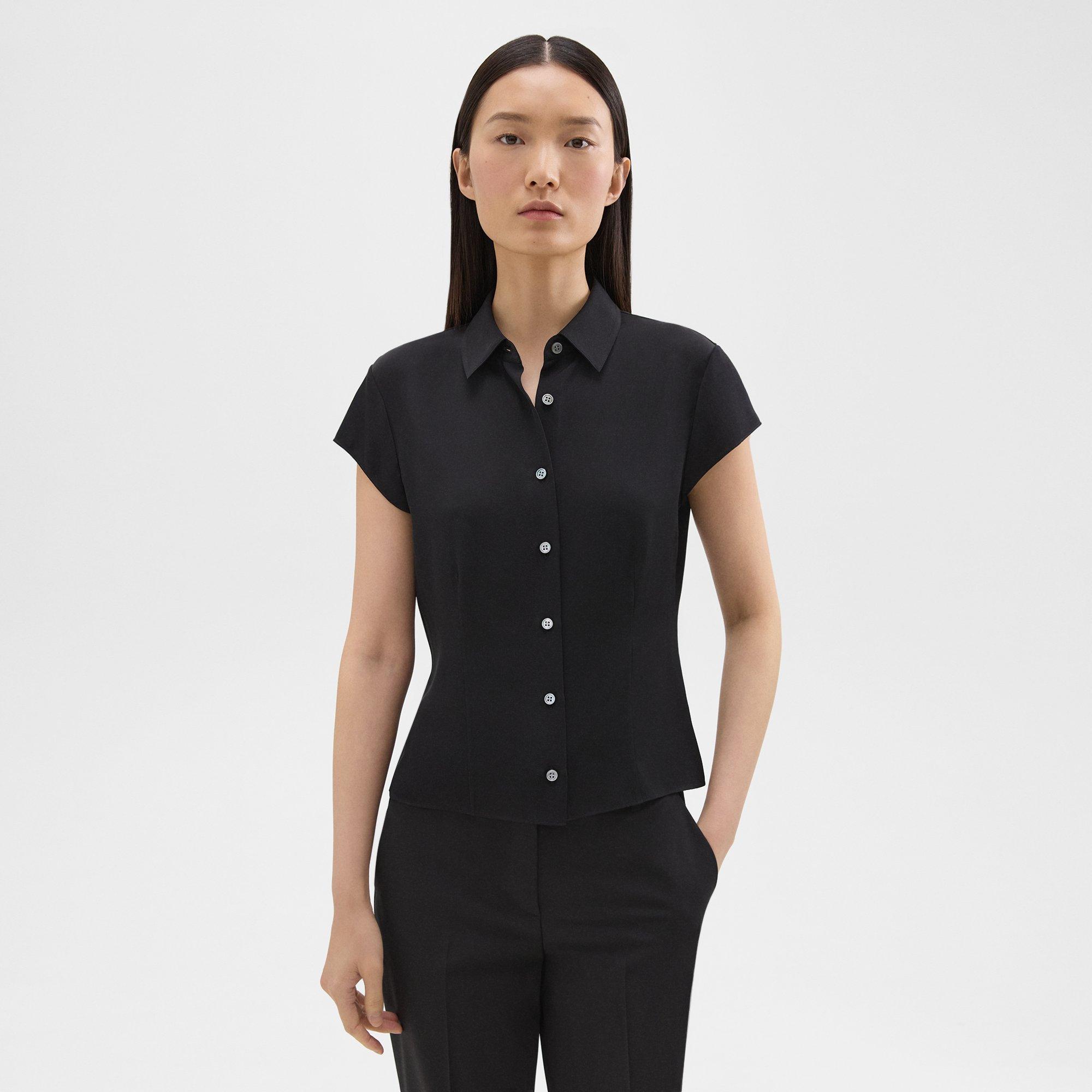 Shop Theory Cap Sleeve Shirt In Silk Georgette In Black