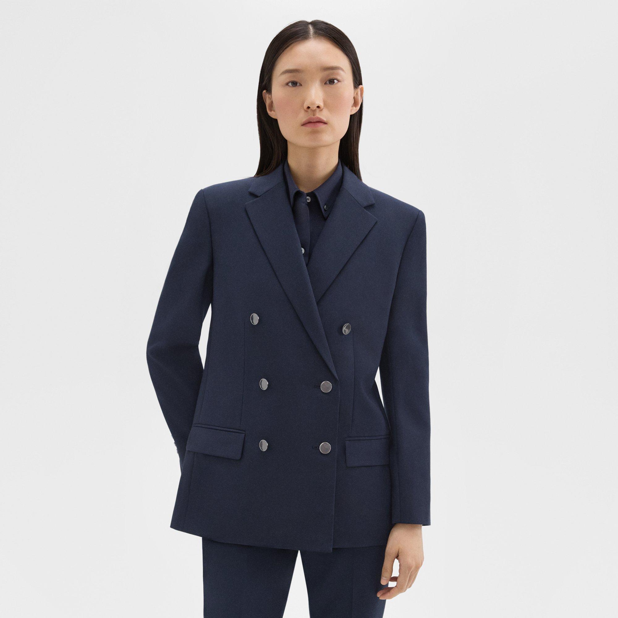 Shop Theory Double-breasted Boxy Blazer In Oxford Wool In Nocturne Navy