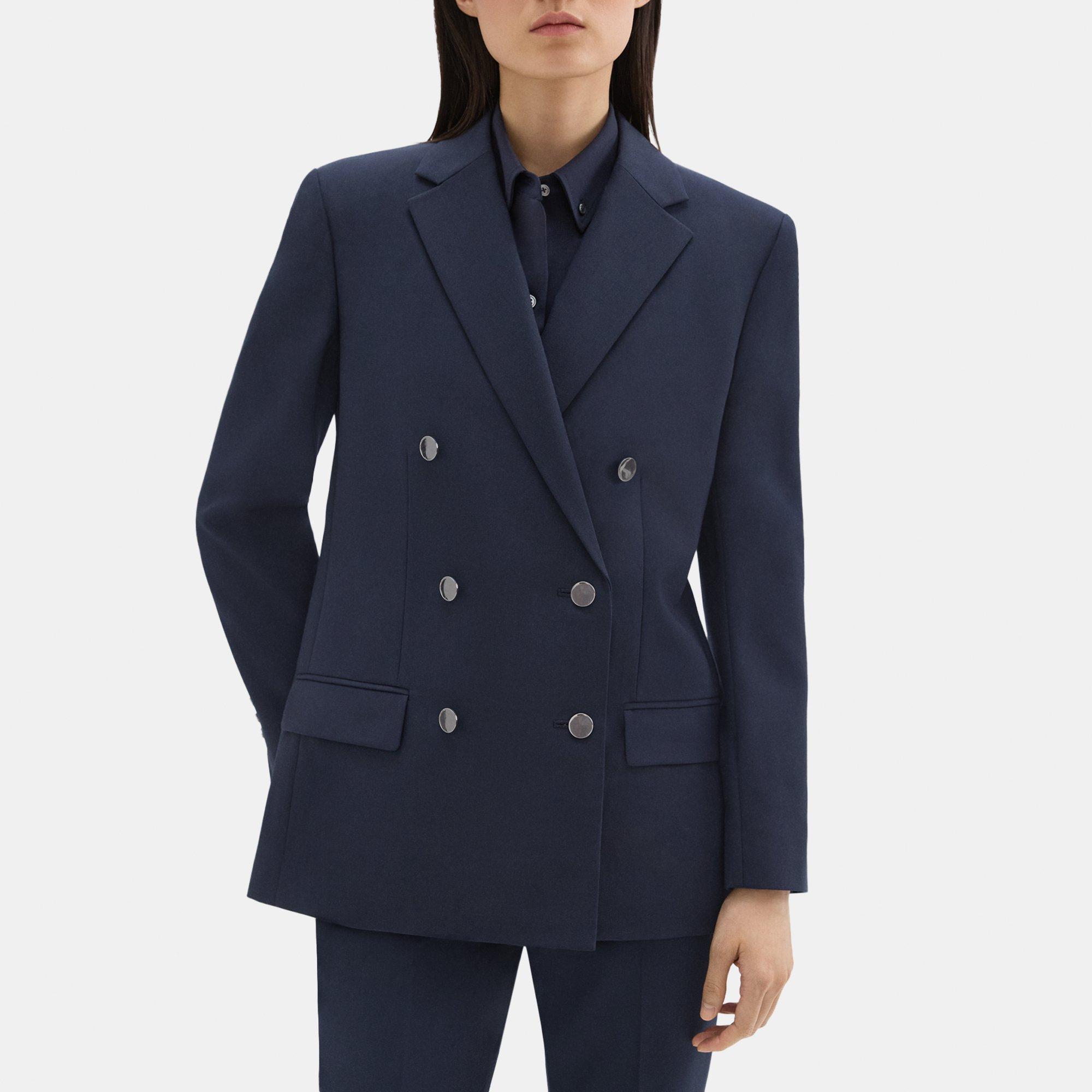 Shop Theory Double-breasted Boxy Blazer In Oxford Wool In Nocturne Navy