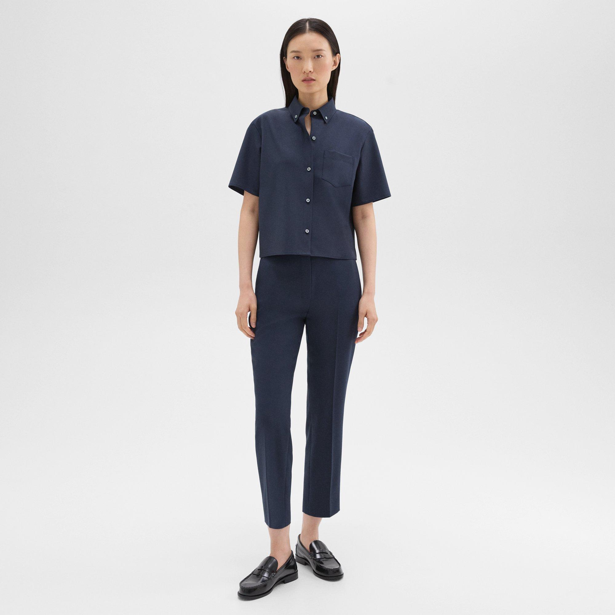 Shop Theory High-waist Slim Crop Pant In Oxford Wool In Nocturne Navy