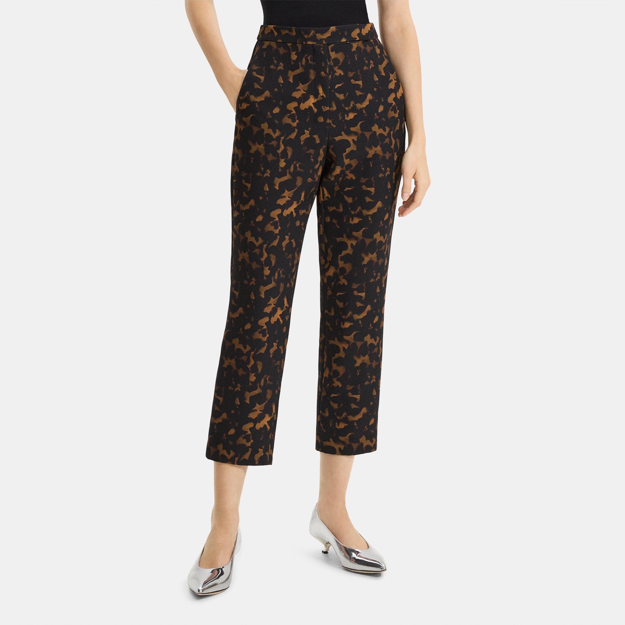 Theory High-waist Slim Crop Pant In Tortoiseshell Printed Crepe In Dark Brown Multi