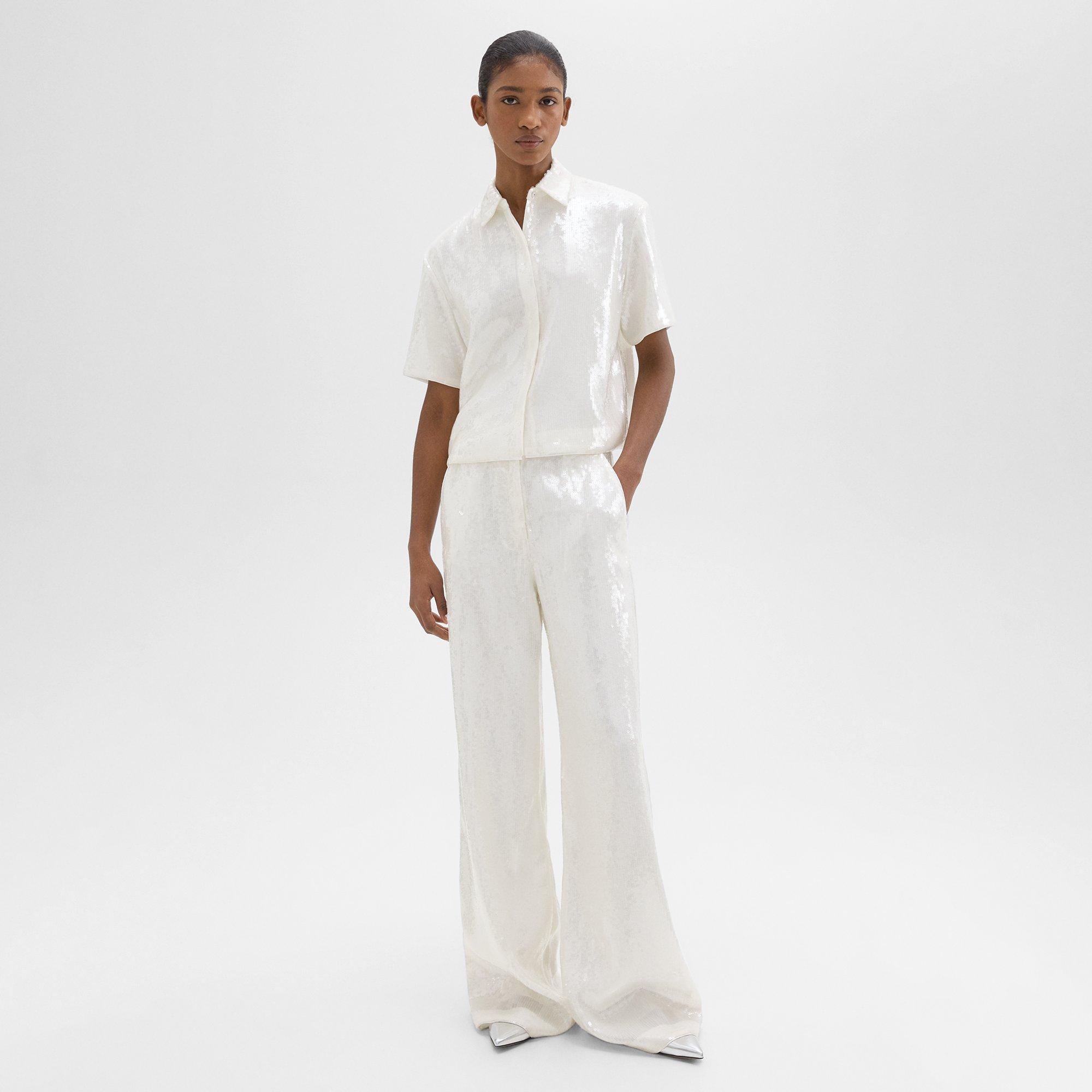Shop Theory High-waist Wide-leg Pant In Recycled Sequins In White