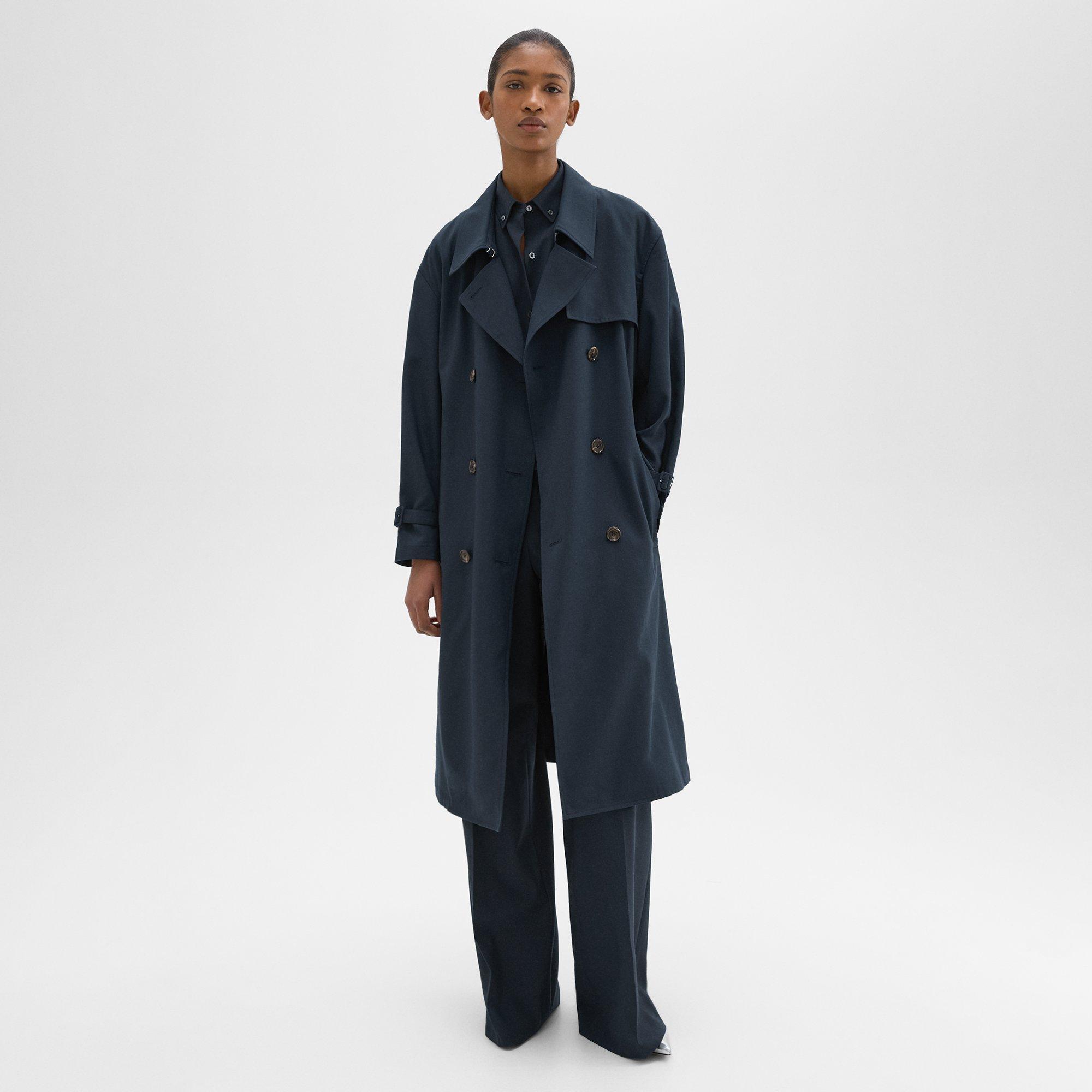 Shop Theory Double-breasted Trench Coat In Oxford Wool In Nocturne Navy