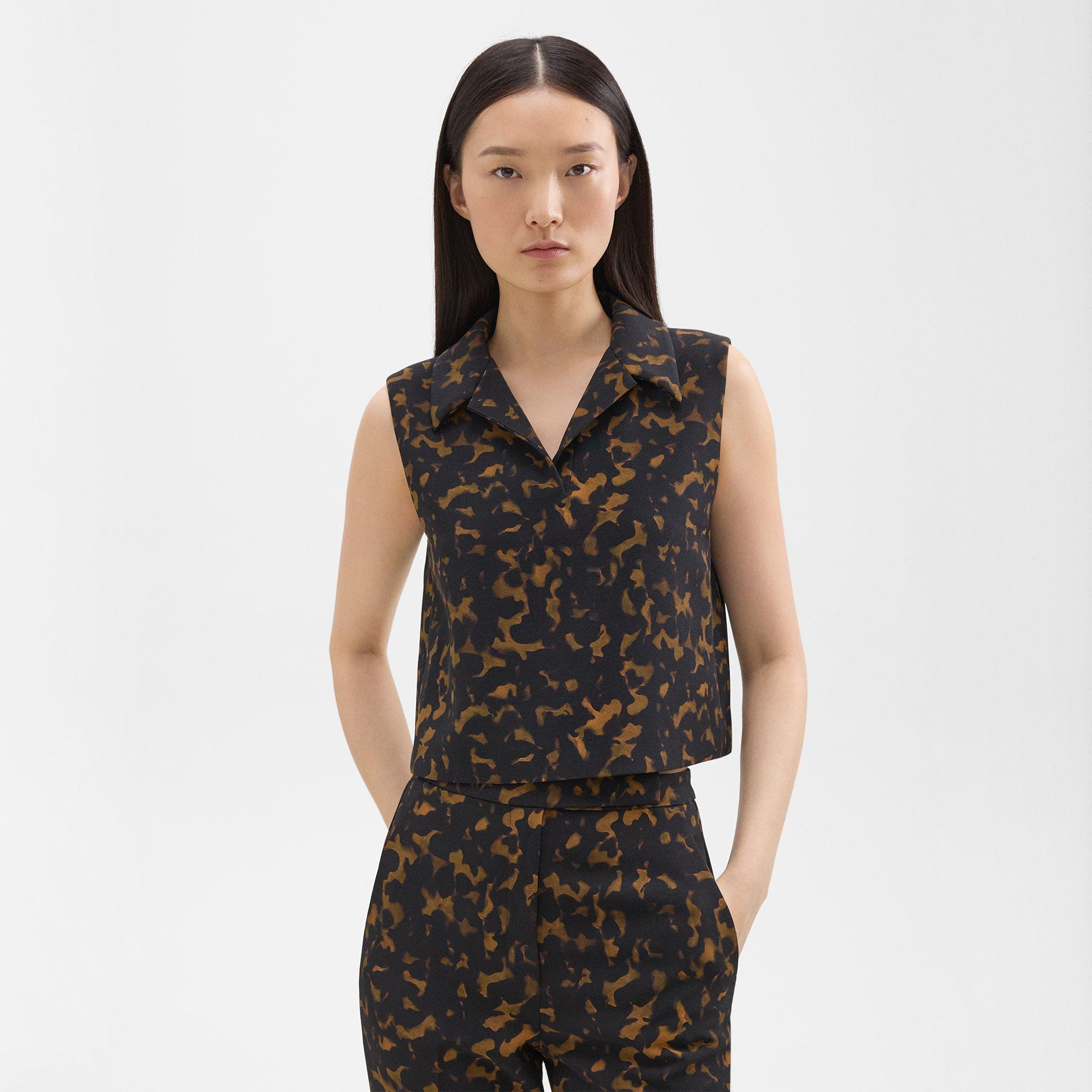 Theory Cropped Sleeveless Polo In Tortoiseshell Printed Crepe In Dark Brown Multi