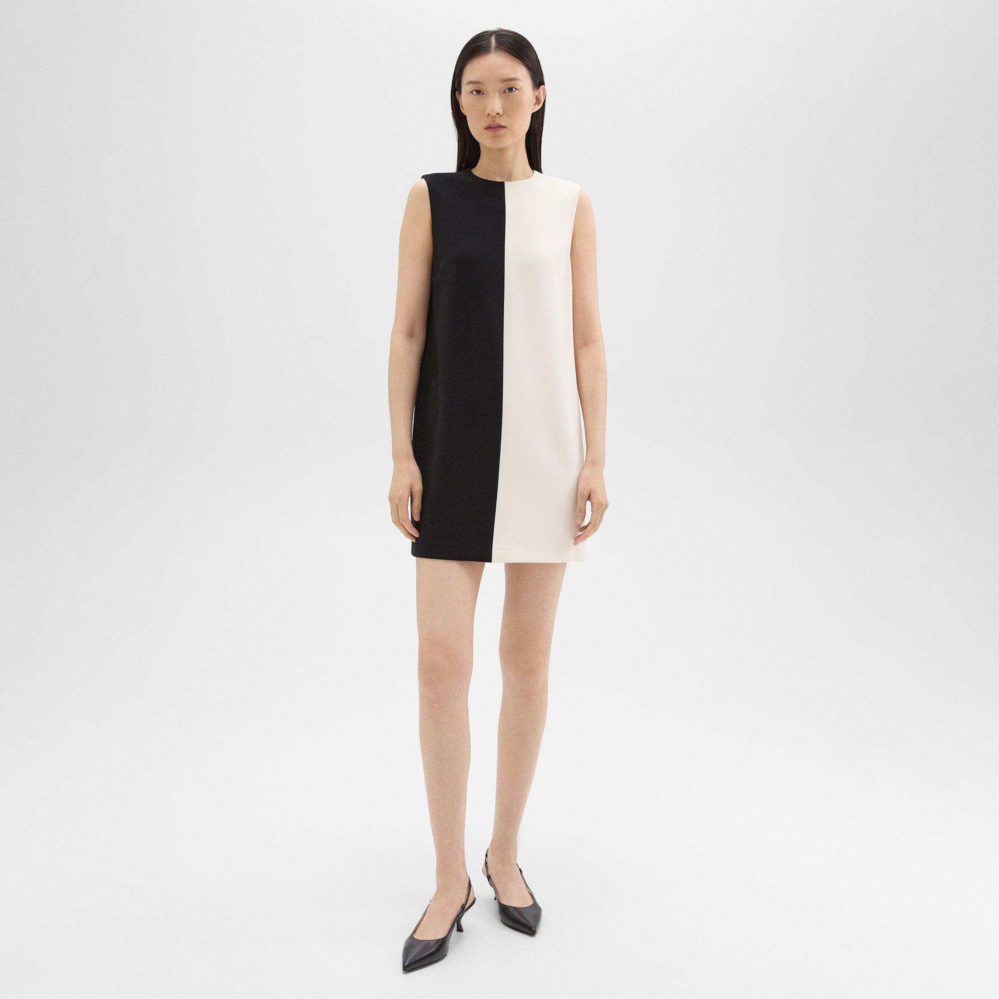 Theory Sleeveless Split Admiral Crepe Mini Shift Dress In Black/rice