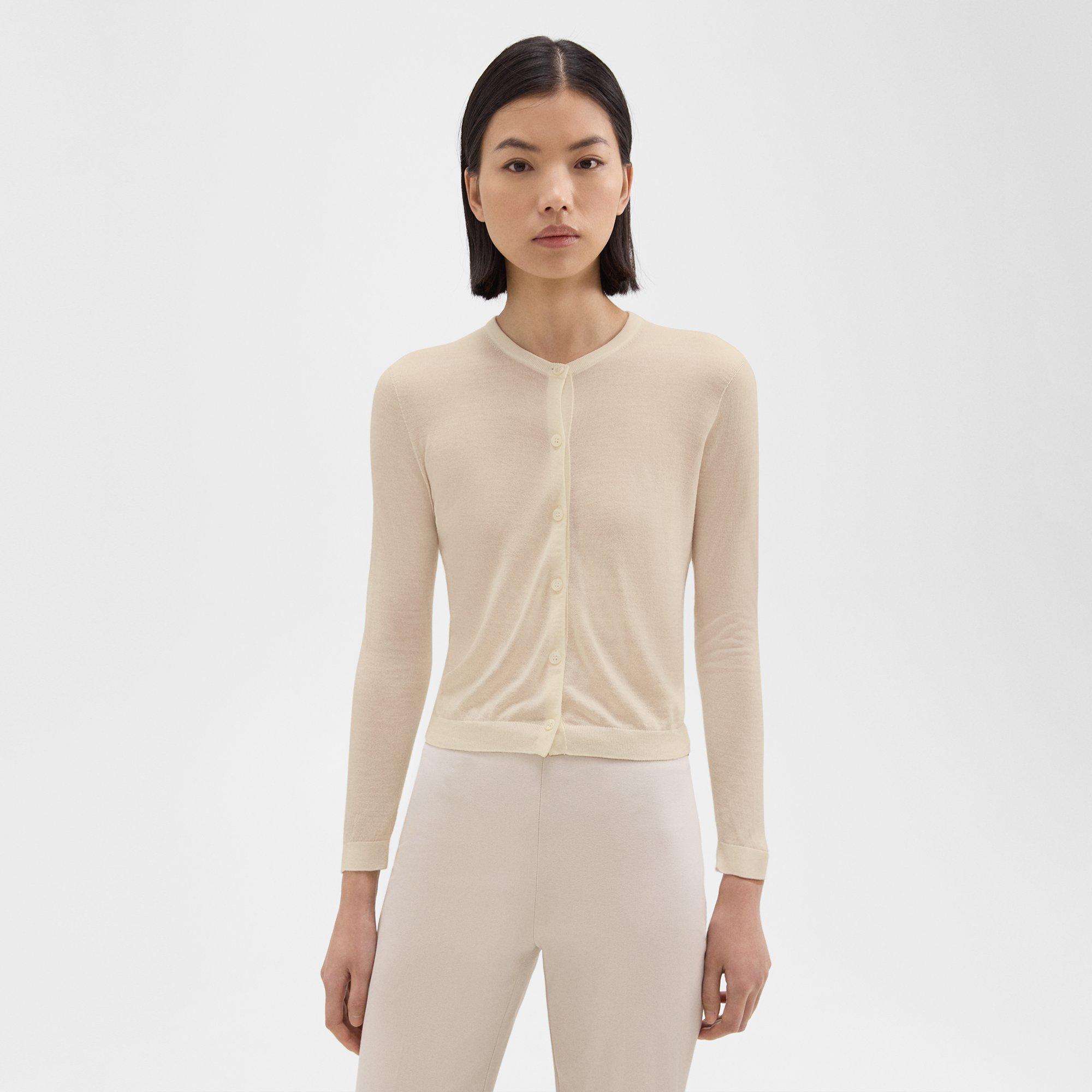 Theory Cropped Cardigan In Regal Wool In Ecru