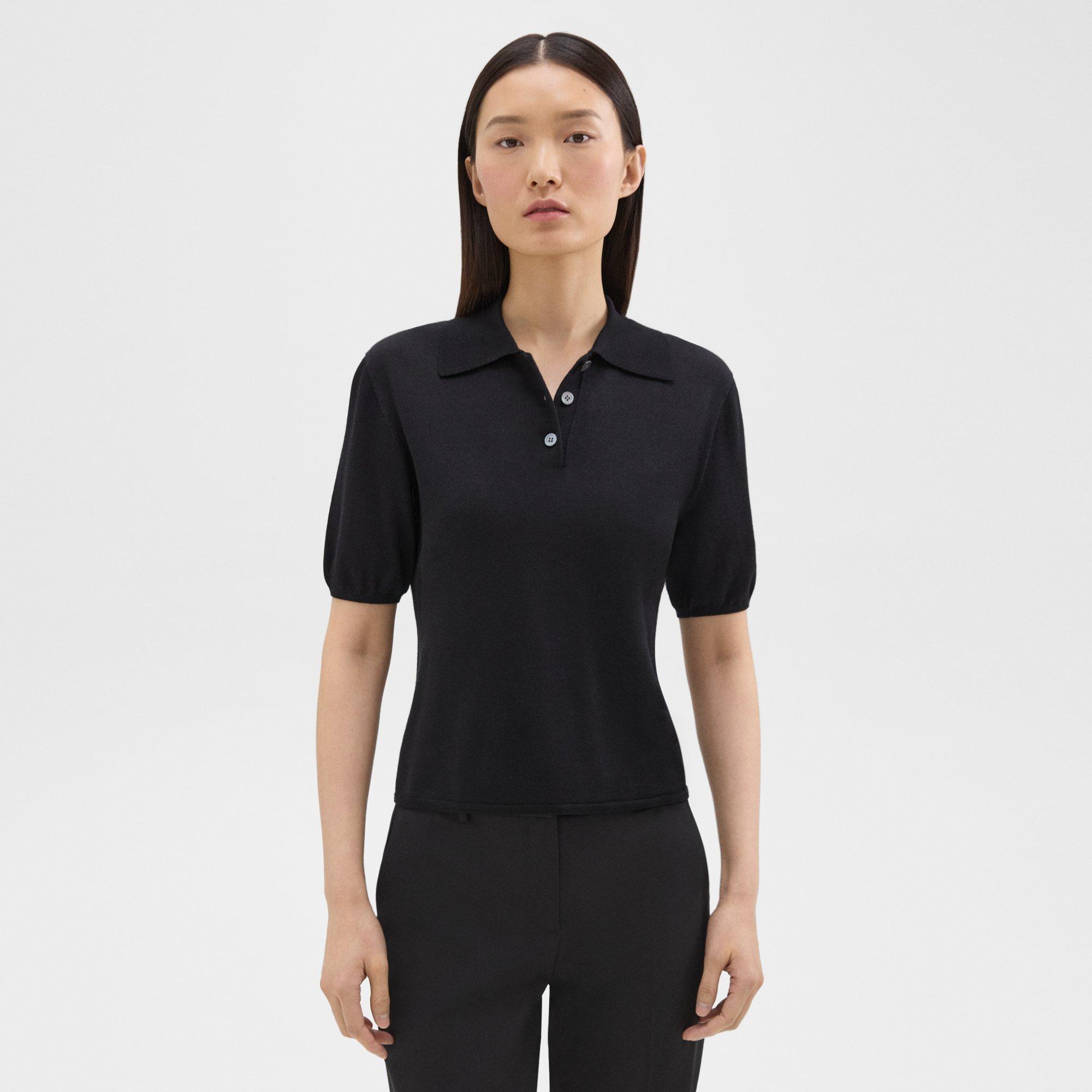 Theory Short-sleeve Polo Sweater In Regal Wool In Black