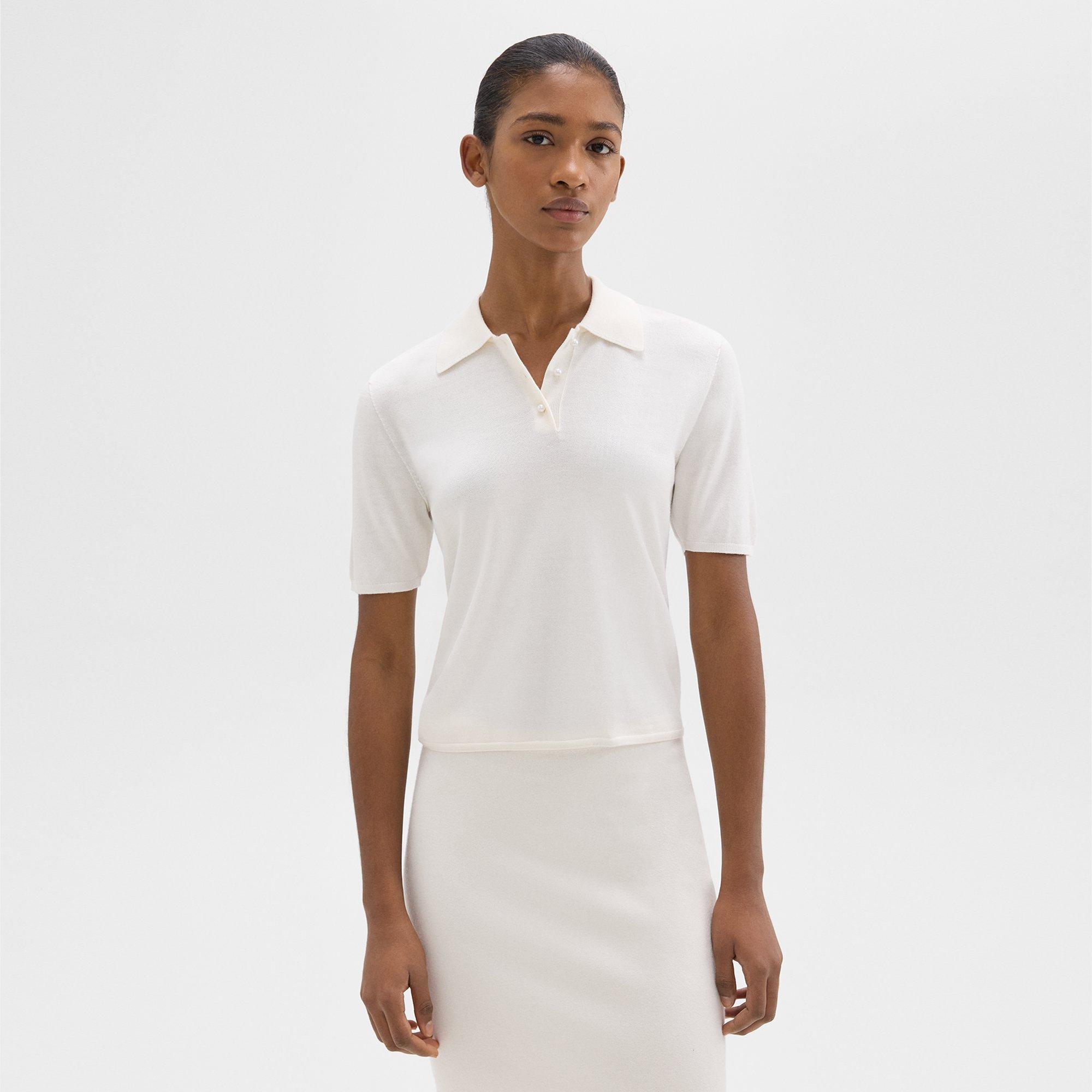 Theory Short-sleeve Polo Sweater In Regal Wool In New Ivory