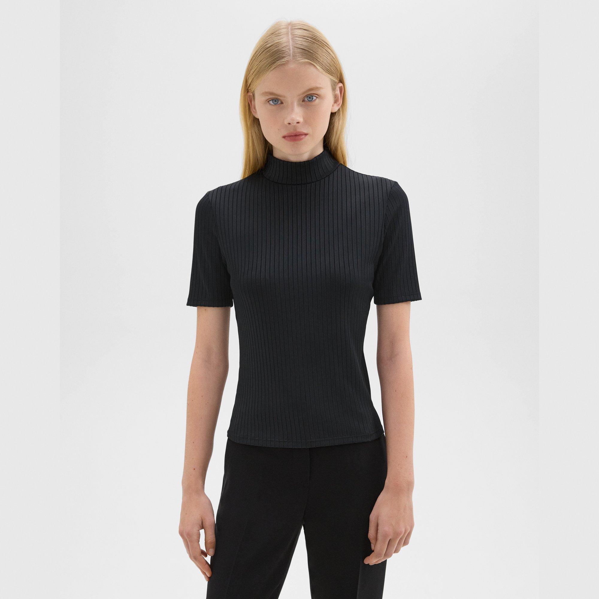 Shop Theory Mock Neck Short-sleeve Top In Rib Knit In Black