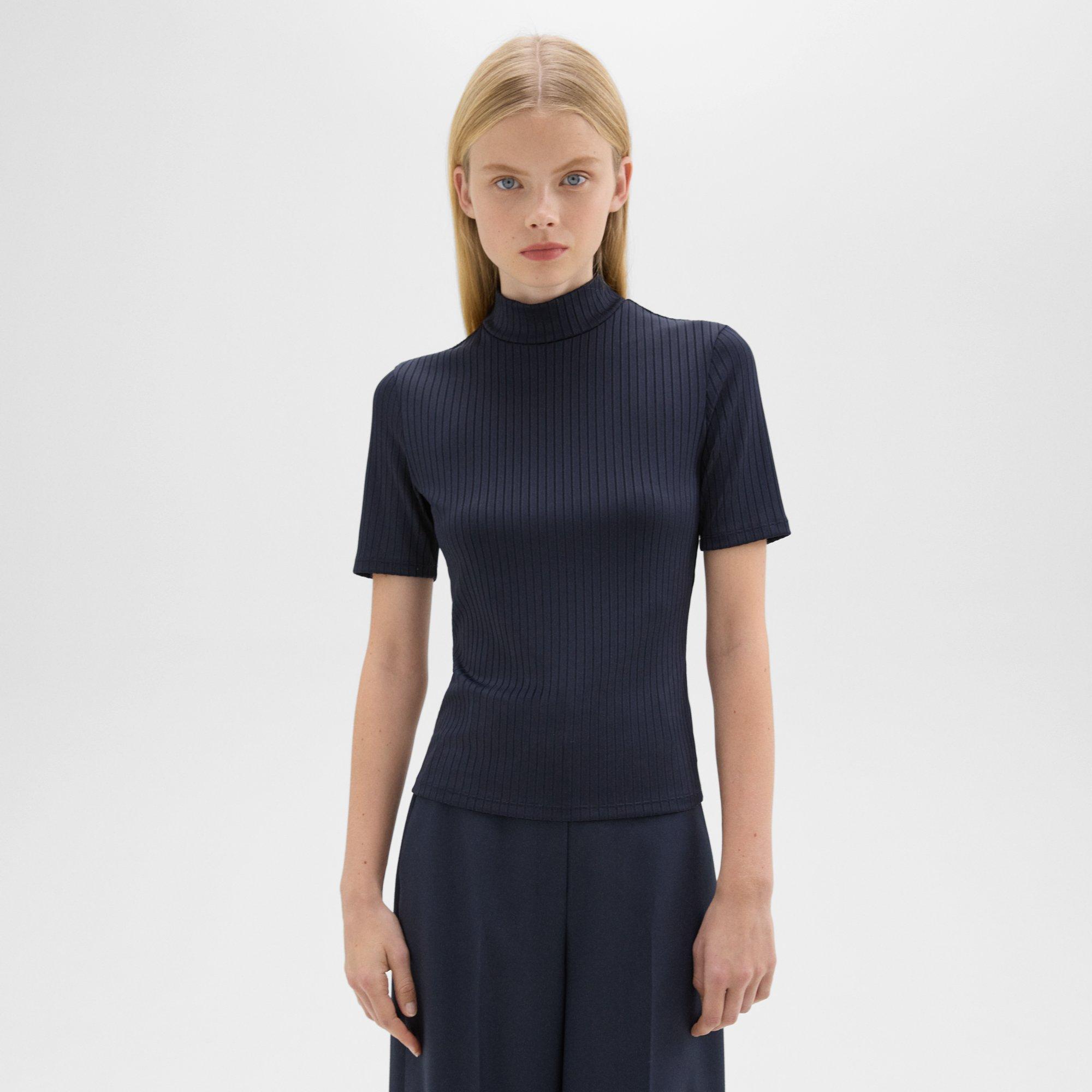 Shop Theory Mock Neck Short-sleeve Top In Rib Knit In Nocturne Navy