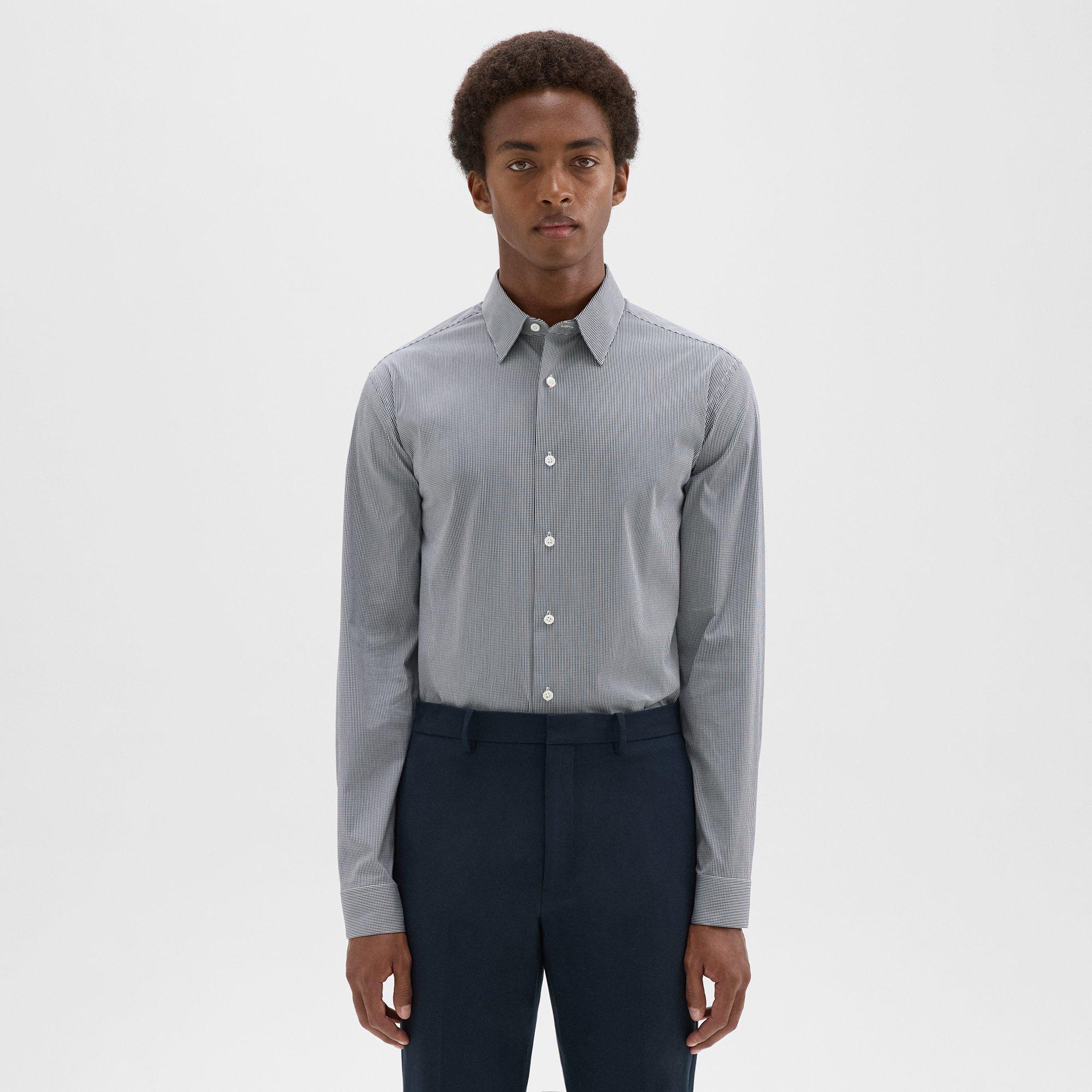 Theory Irving Shirt In Checked Stretch Cotton In White/navy