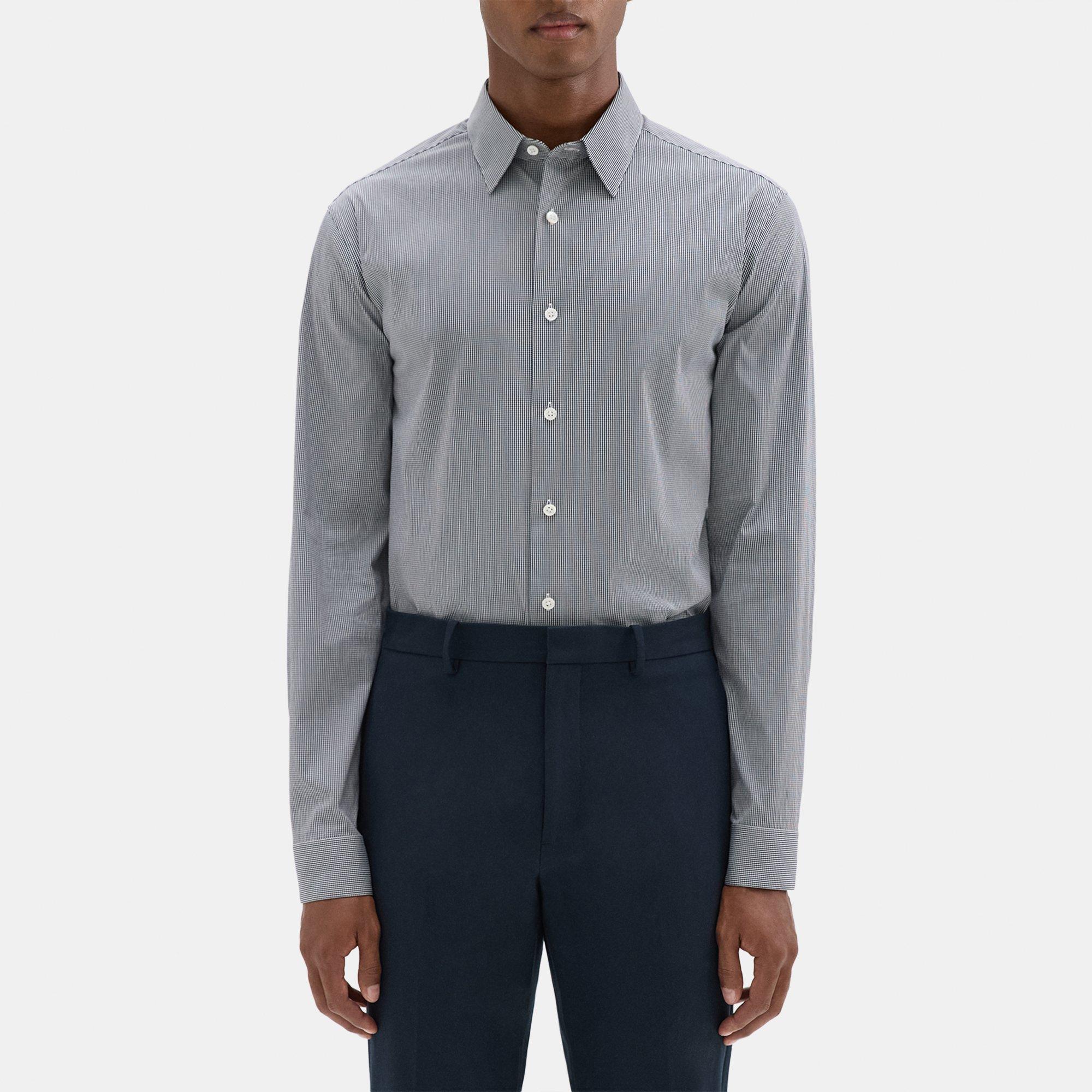 Theory Irving Shirt In Checked Stretch Cotton In White/navy