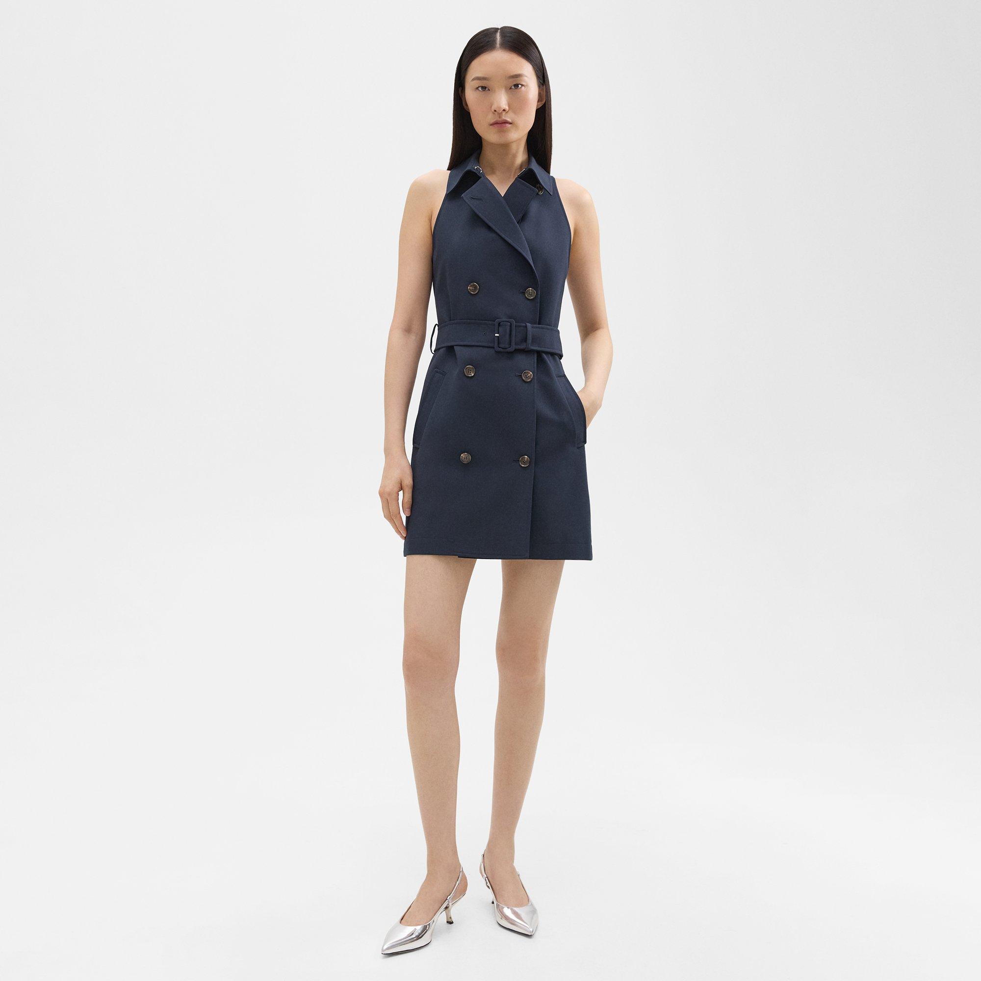 Shop Theory Halter Trench Dress In Good Wool In Nocturne Navy