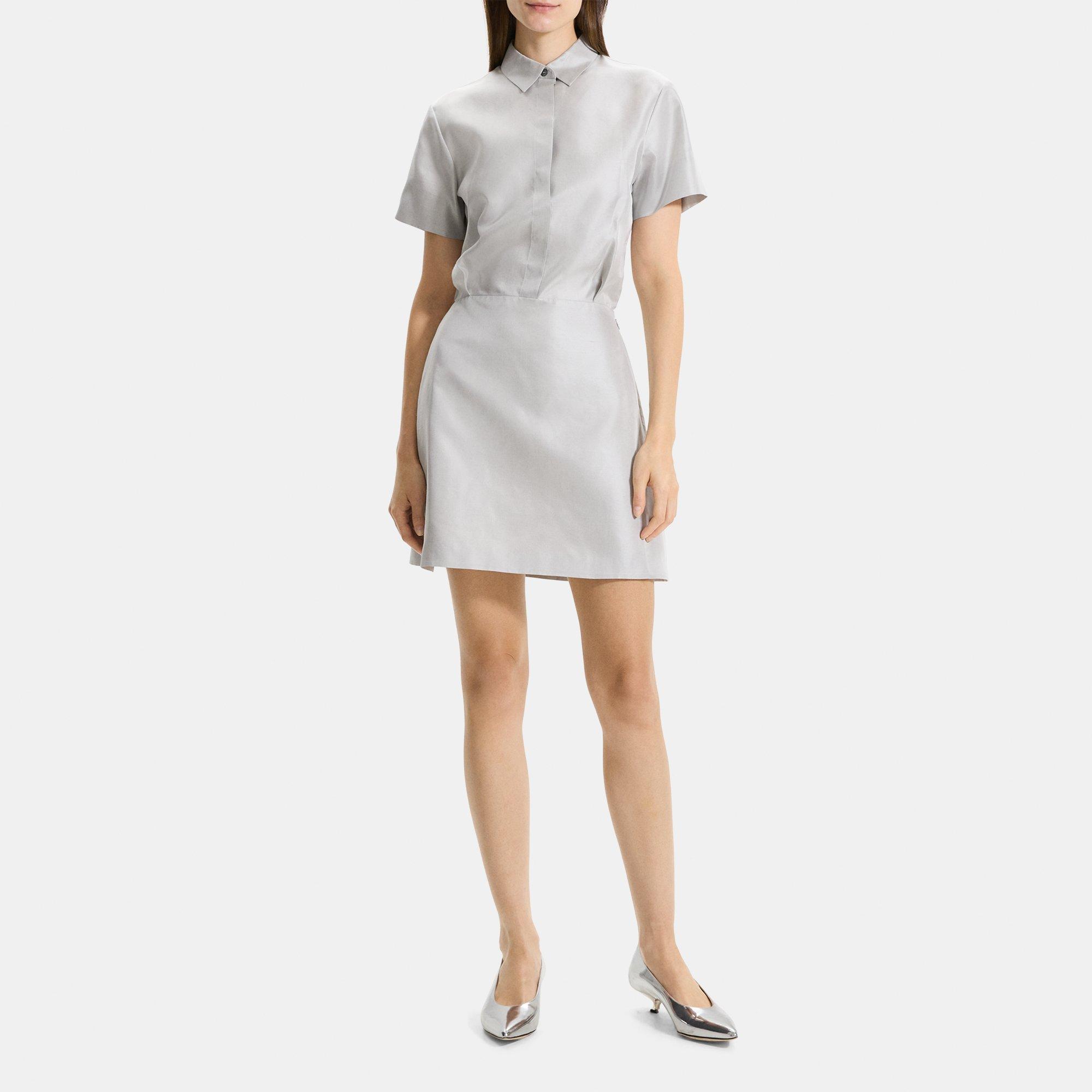 Theory A-line Dress In Metallic Silk Twill In Ice Grey