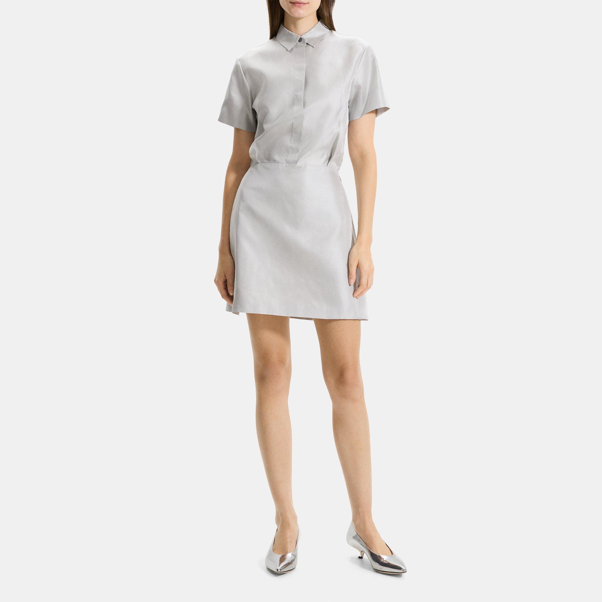 Shop Theory A-line Dress In Metallic Silk Twill In Ice Grey