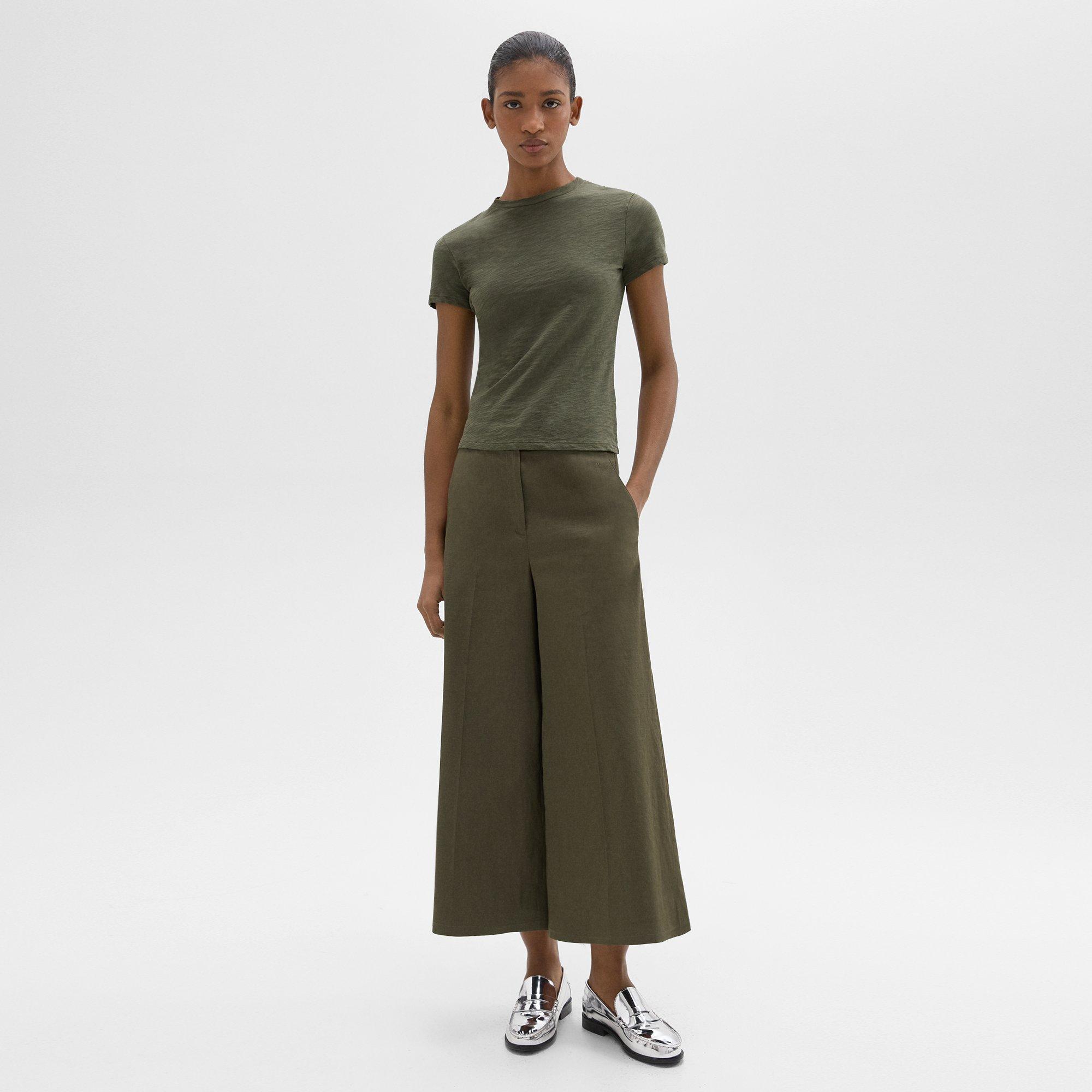 Shop Theory Cropped Wide-leg Pant In Good Linen In Dark Olive