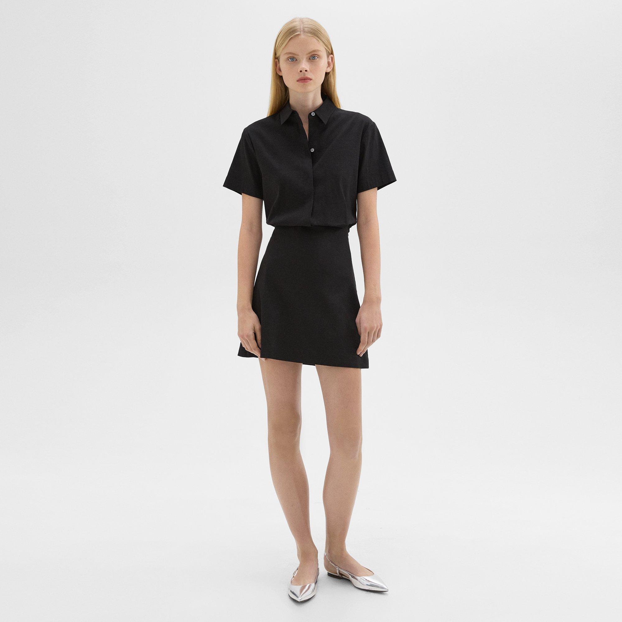 Shop Theory Short-sleeve A-line Dress In Good Linen In Black