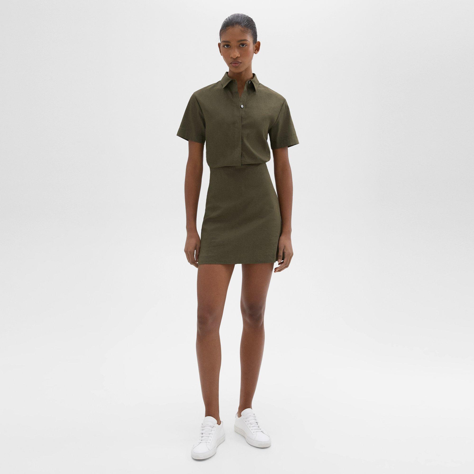 Shop Theory Short-sleeve A-line Dress In Good Linen In Dark Olive