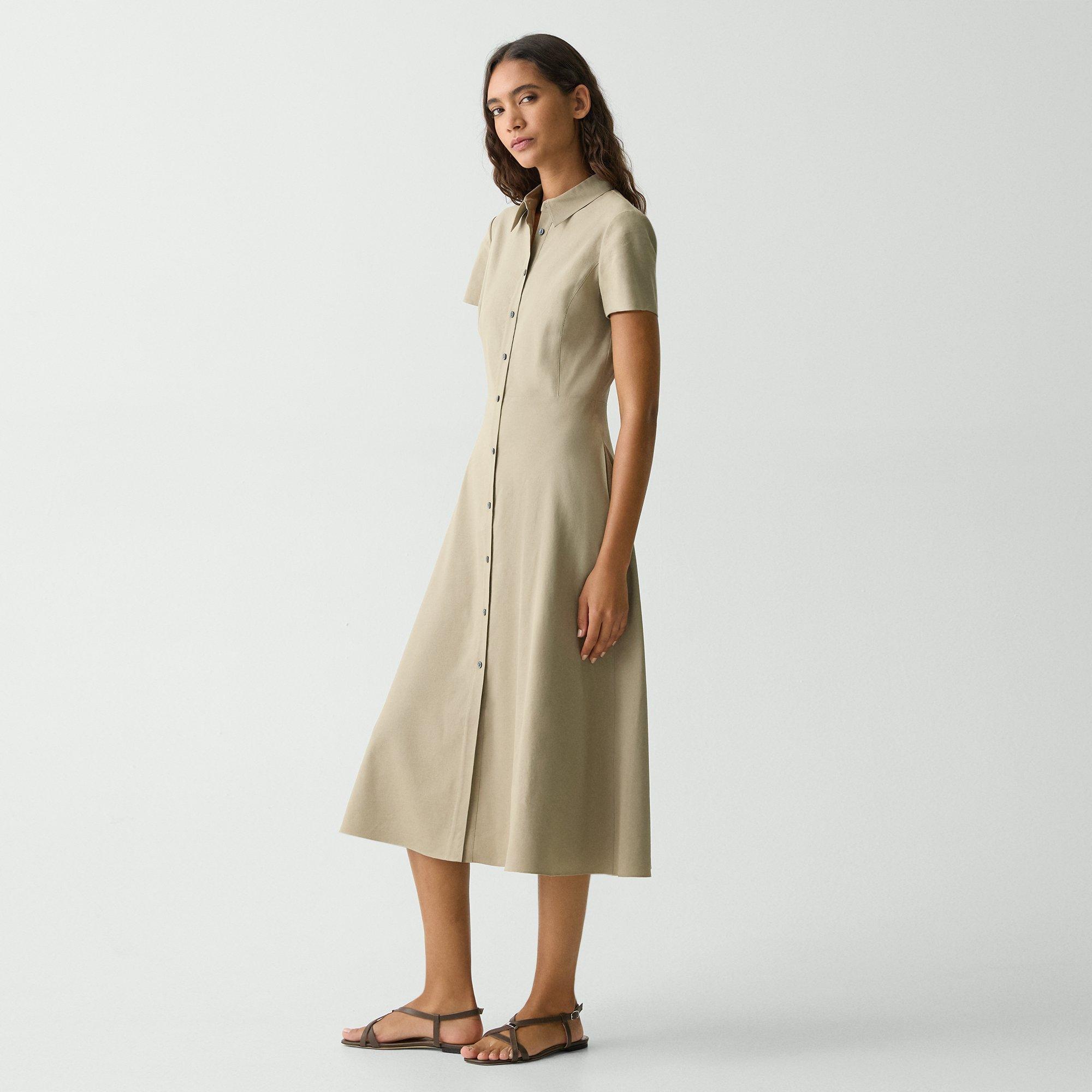 Theory Good Linen Short-sleeve Button-front Midi Shirt Dress In Soft Taupe