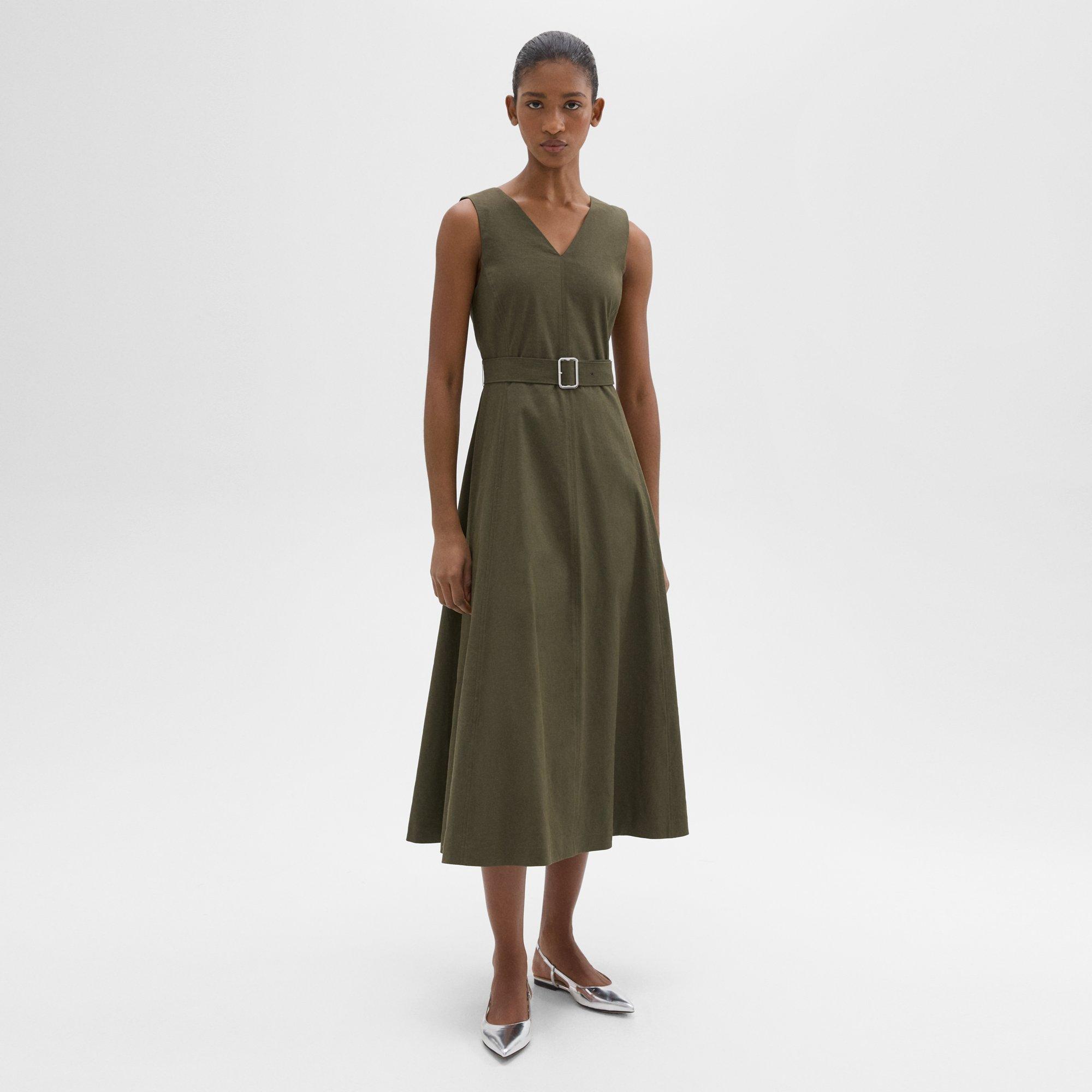 Shop Theory V-neck Volume Dress In Good Linen In Dark Olive