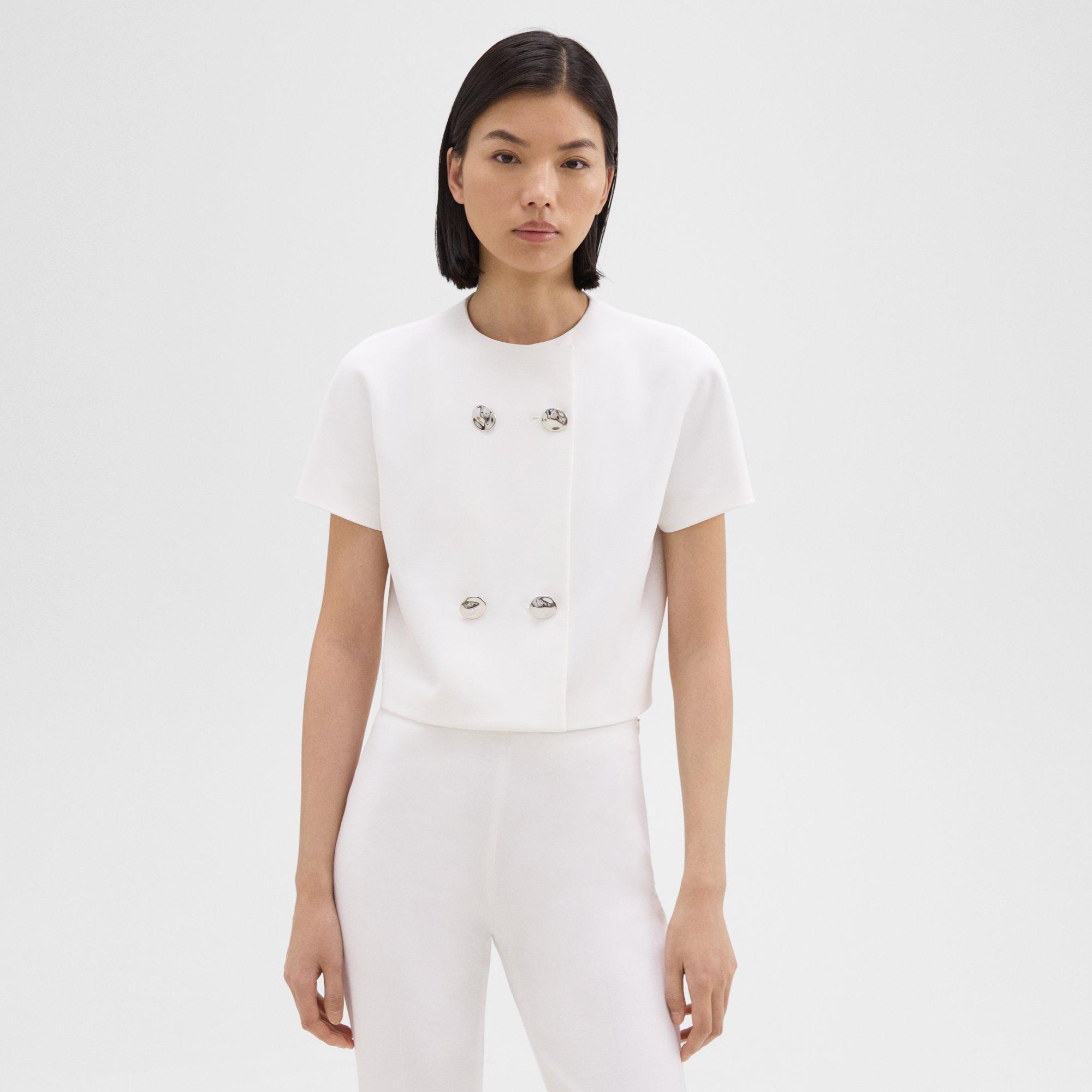 Shop Theory Double-breasted Crop Top In Crepe In Ivory