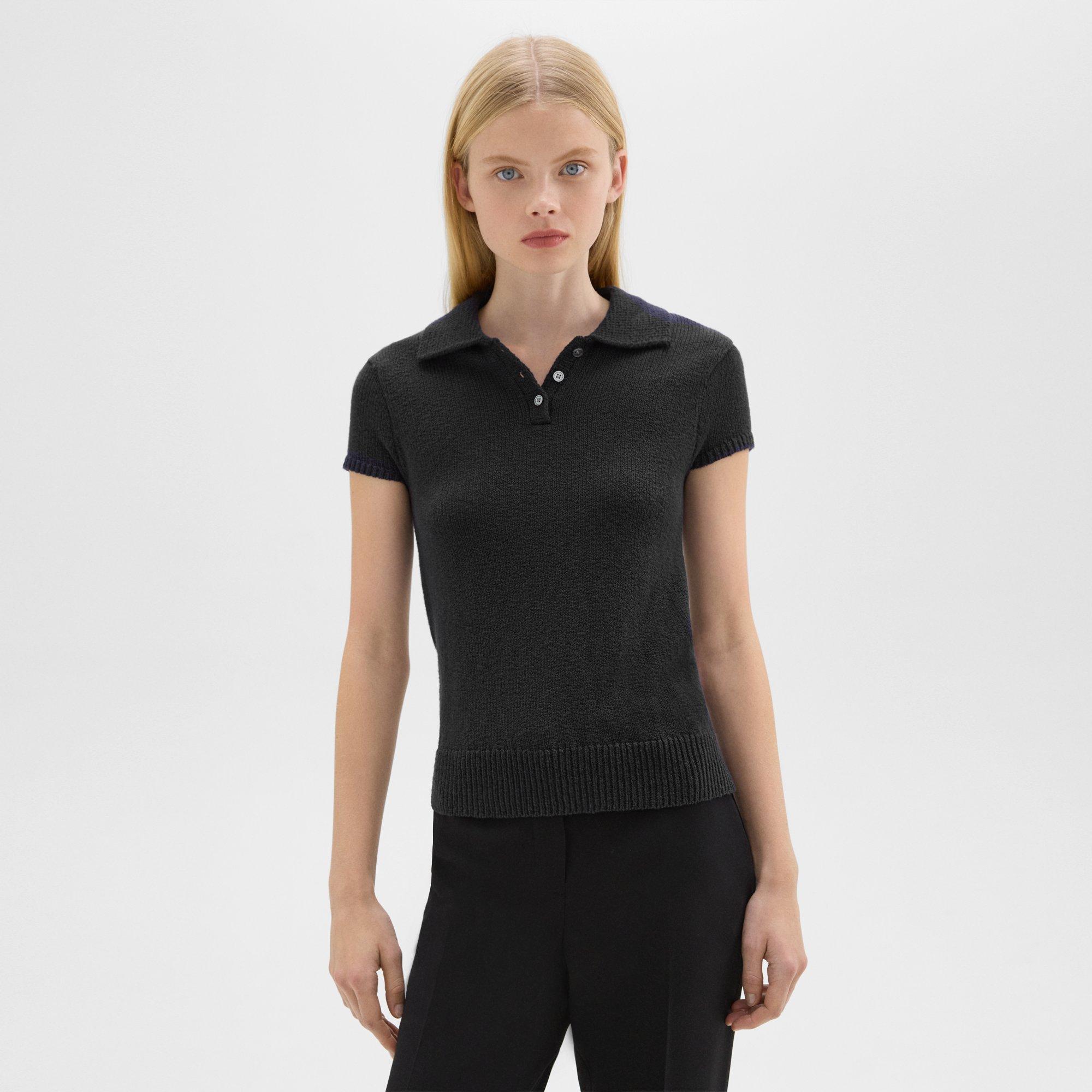 Shop Theory Cap Sleeve Polo In Cotton-wool Bouclé In Black
