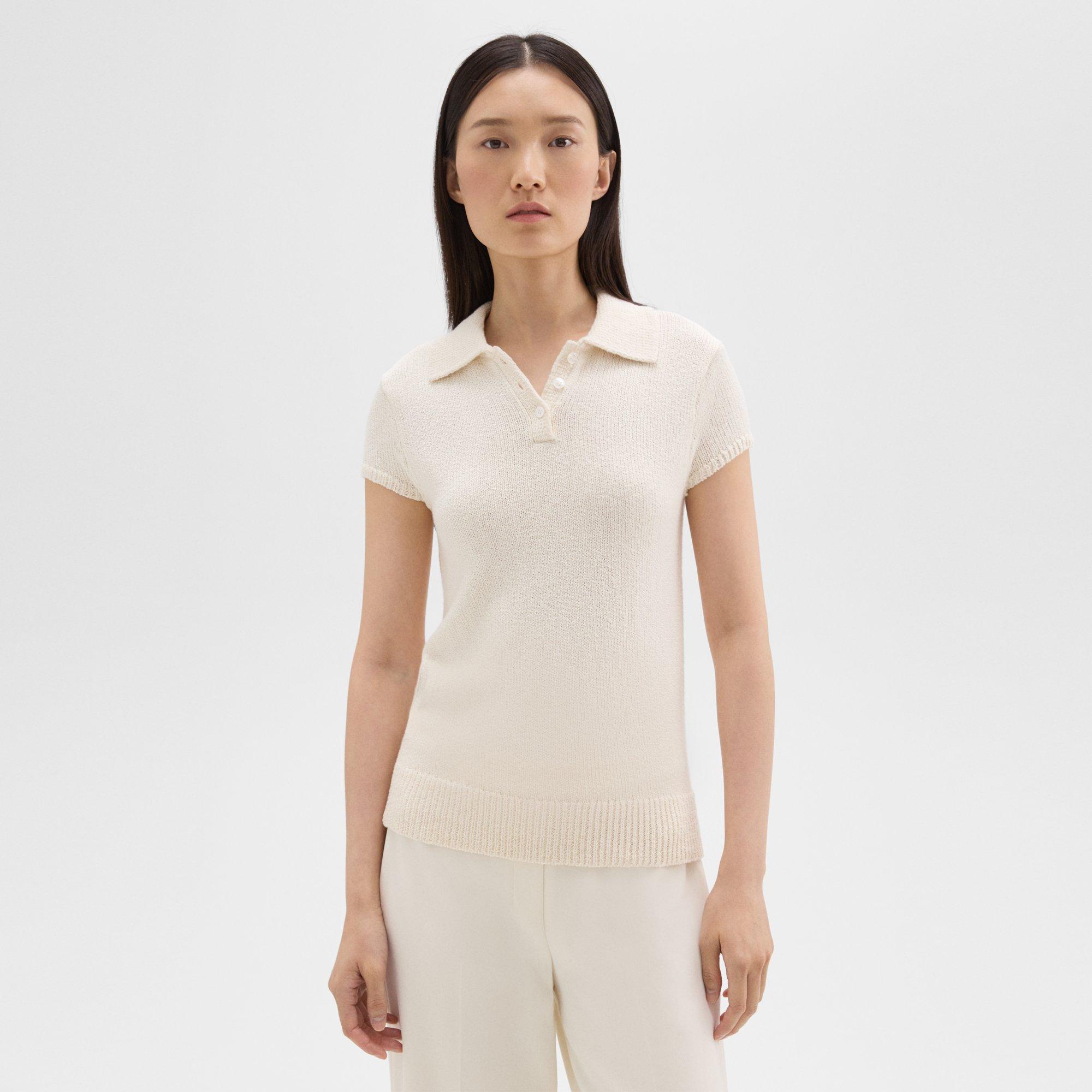 Shop Theory Cap Sleeve Polo In Cotton-wool Bouclé In Off White