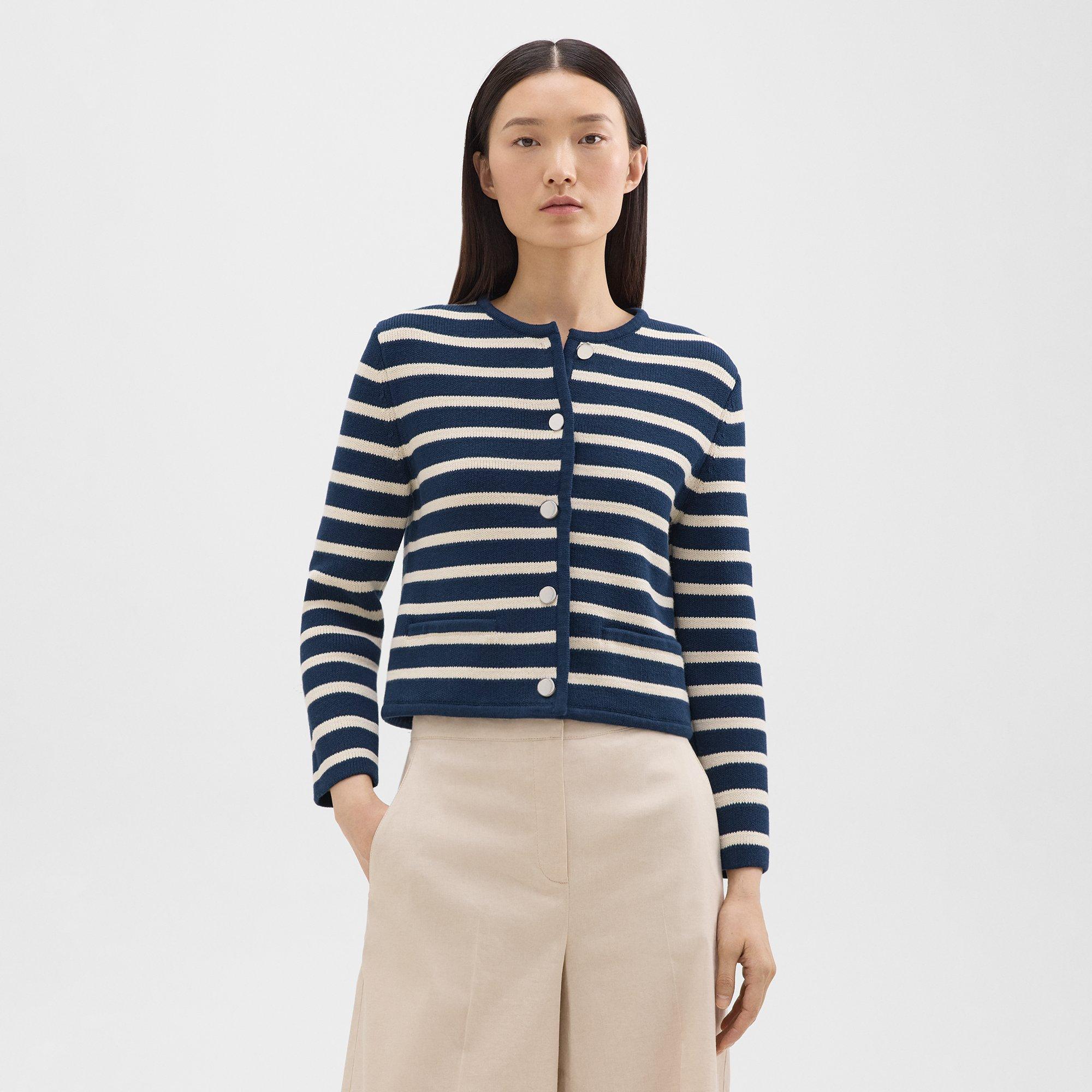 Theory Striped Cropped Jacket In Cotton Bouclé In Bright Navy/cream