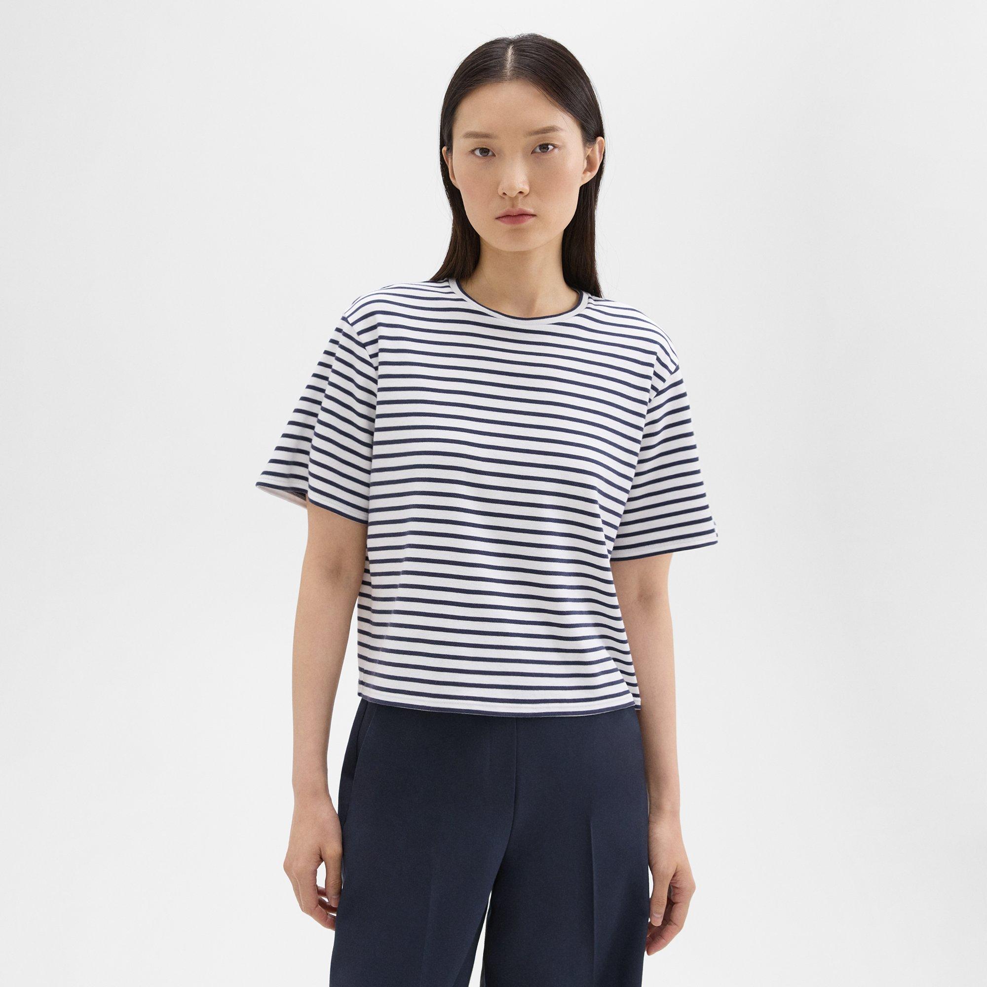 Shop Theory Boxy Tee In Striped Cotton Jersey In Navy Multi