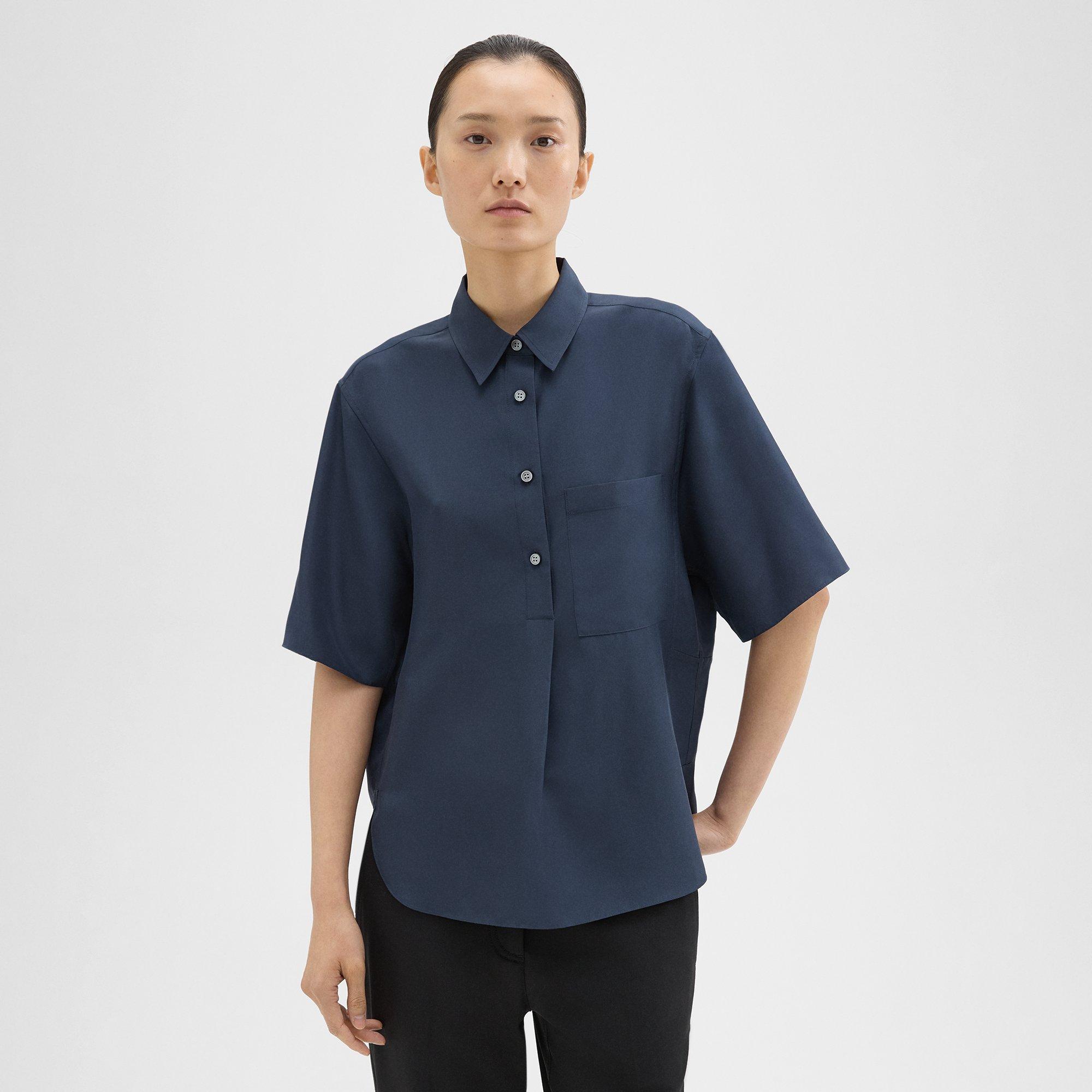 Theory Short-sleeve Silk Popover Shirt In Eclipse