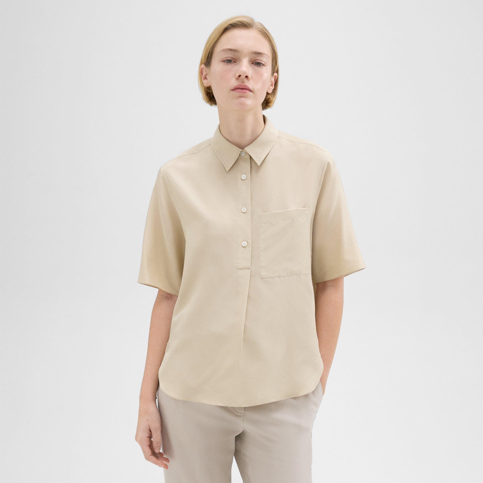 Theory Short-sleeve Silk Popover Shirt In Champagne