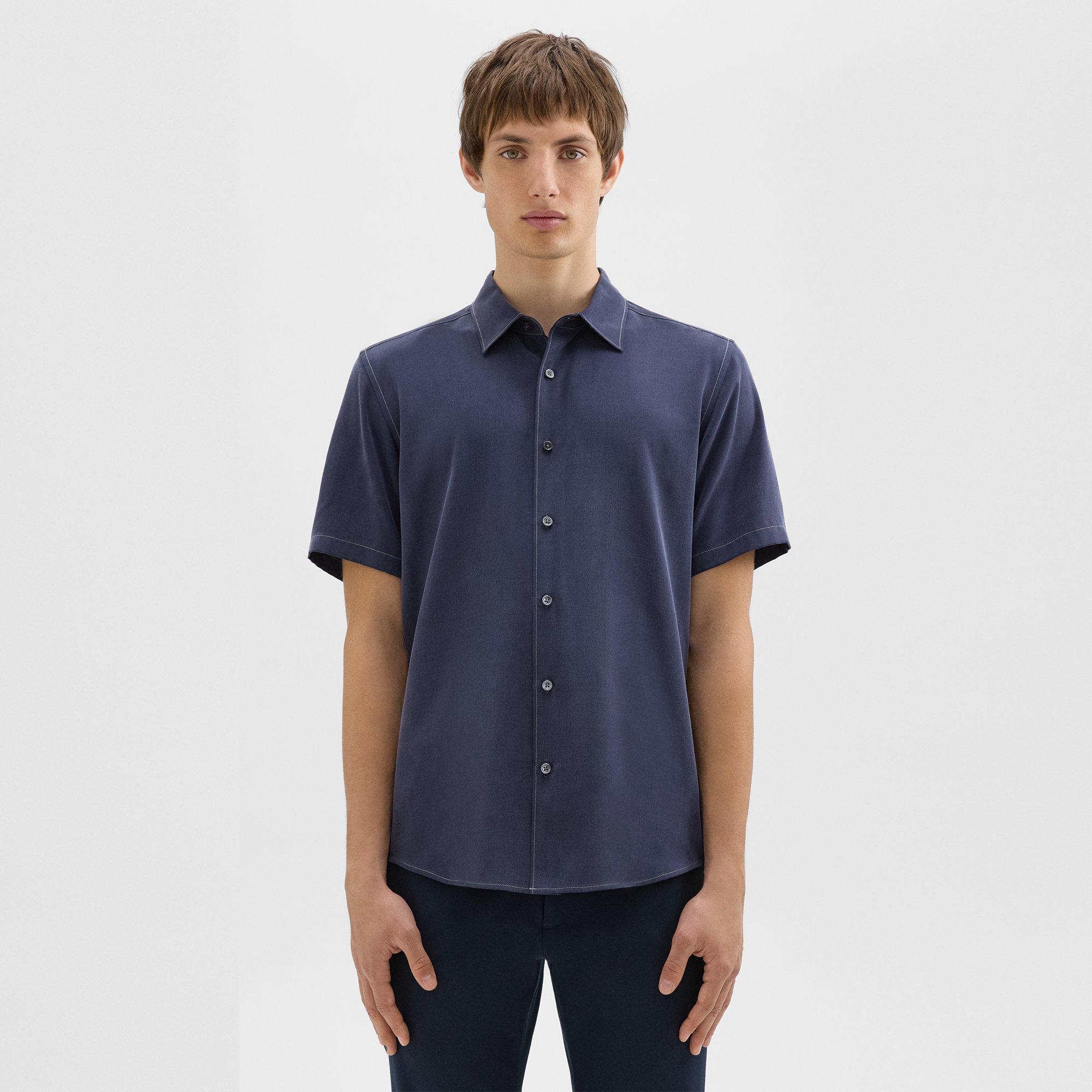 Theory Irving Short Sleeve Lyocell Button-up Shirt In Baltic