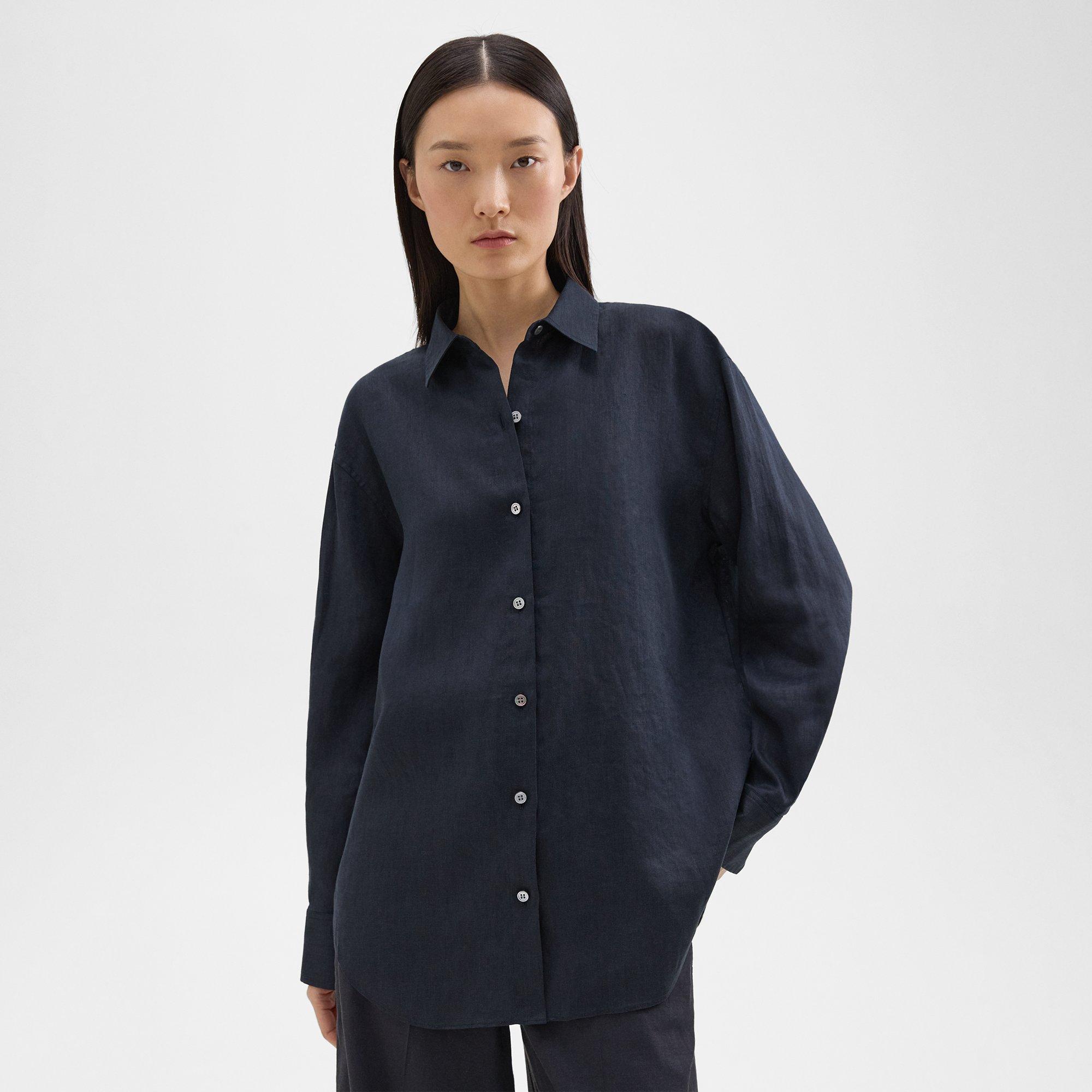 Theory Boyfriend Shirt In Relaxed Linen In Concord