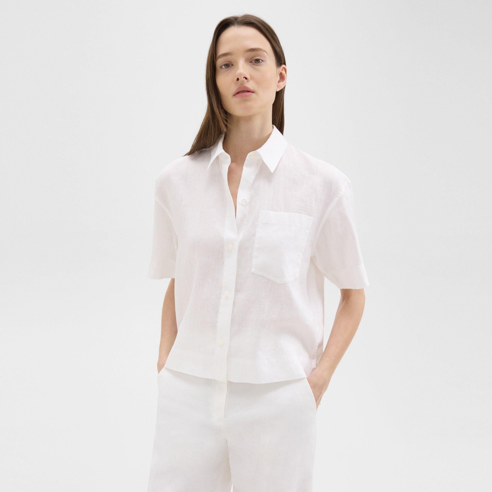 Shop Theory Short-sleeve Shirt In Relaxed Linen In White