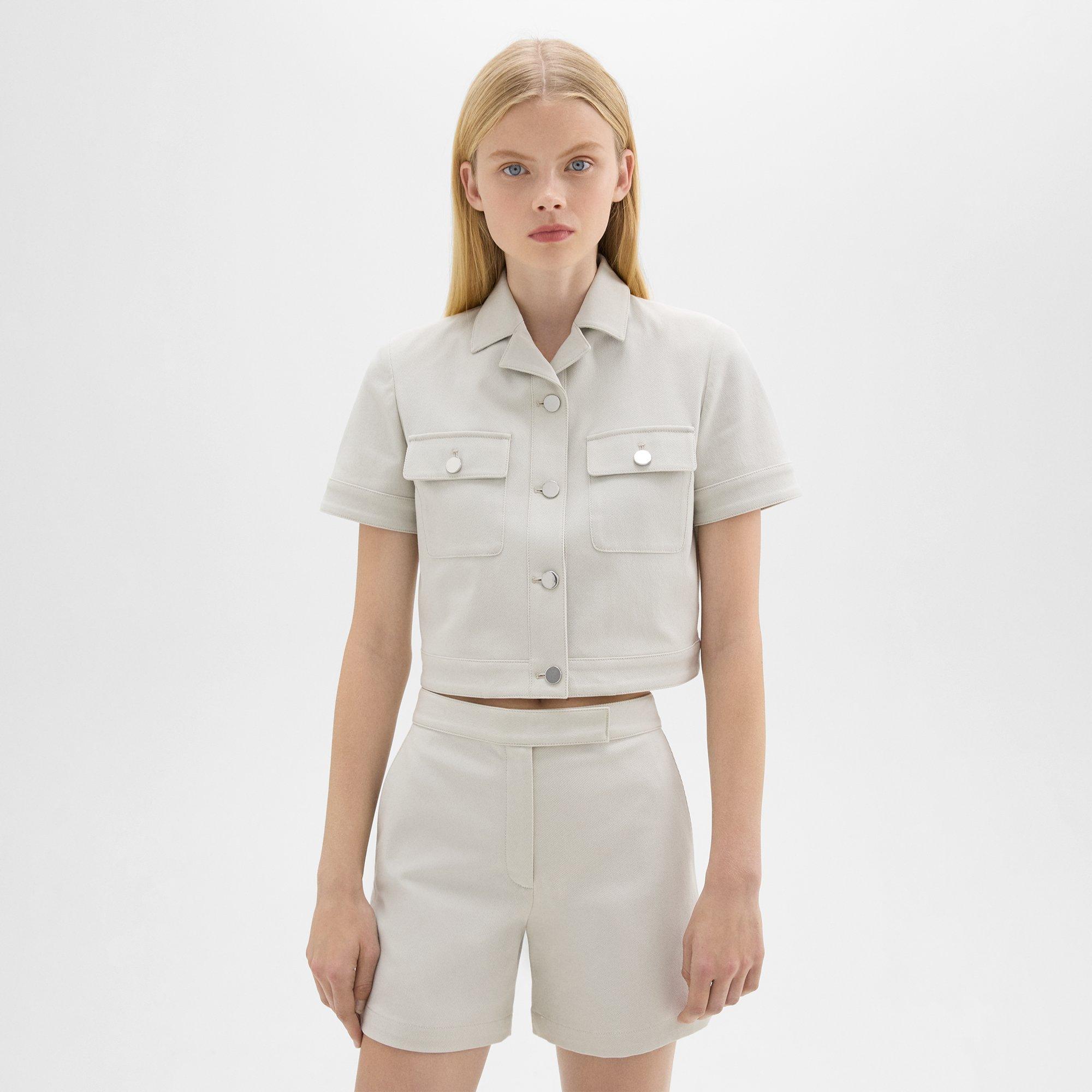 Theory Short-sleeve Military Shirt In Neoteric Twill In Limestone