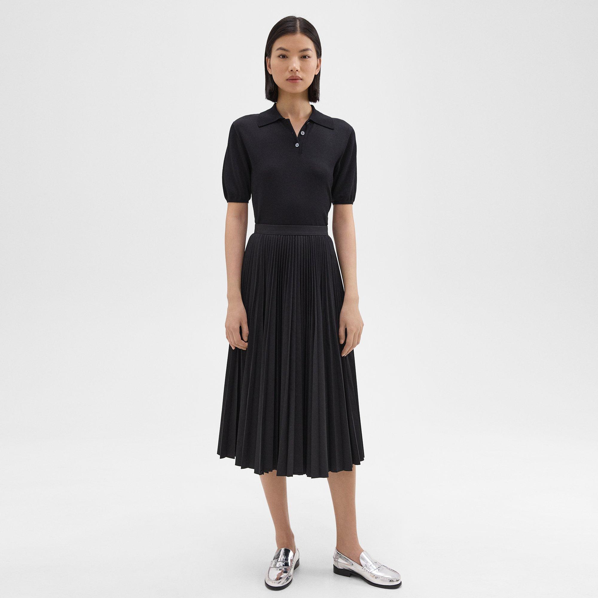 Shop Theory Pleated Midi Skirt In Sleek Poplin In Black