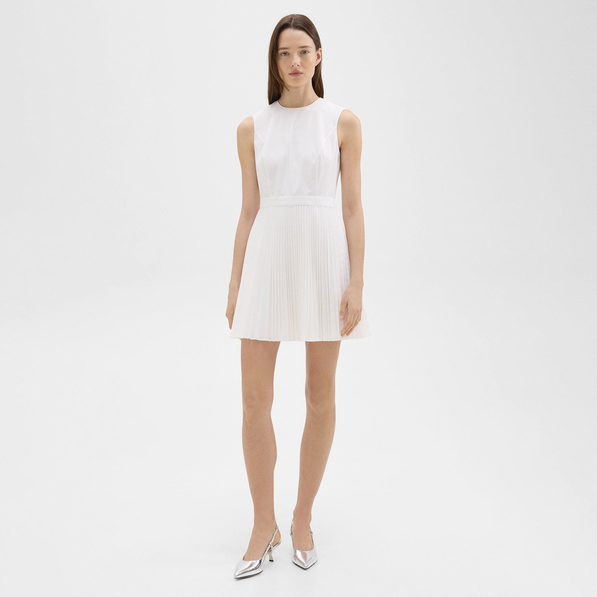 Shop Theory Pleated Mini Dress In Sleek Poplin In White
