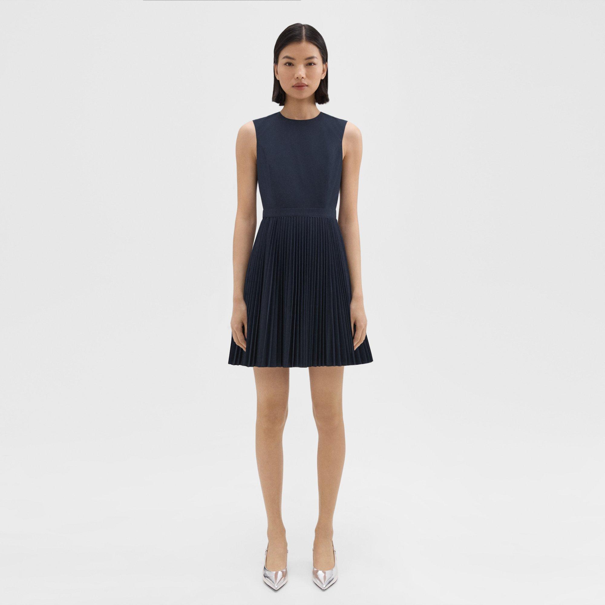 Shop Theory Pleated Mini Dress In Sleek Poplin In Nocturne Navy